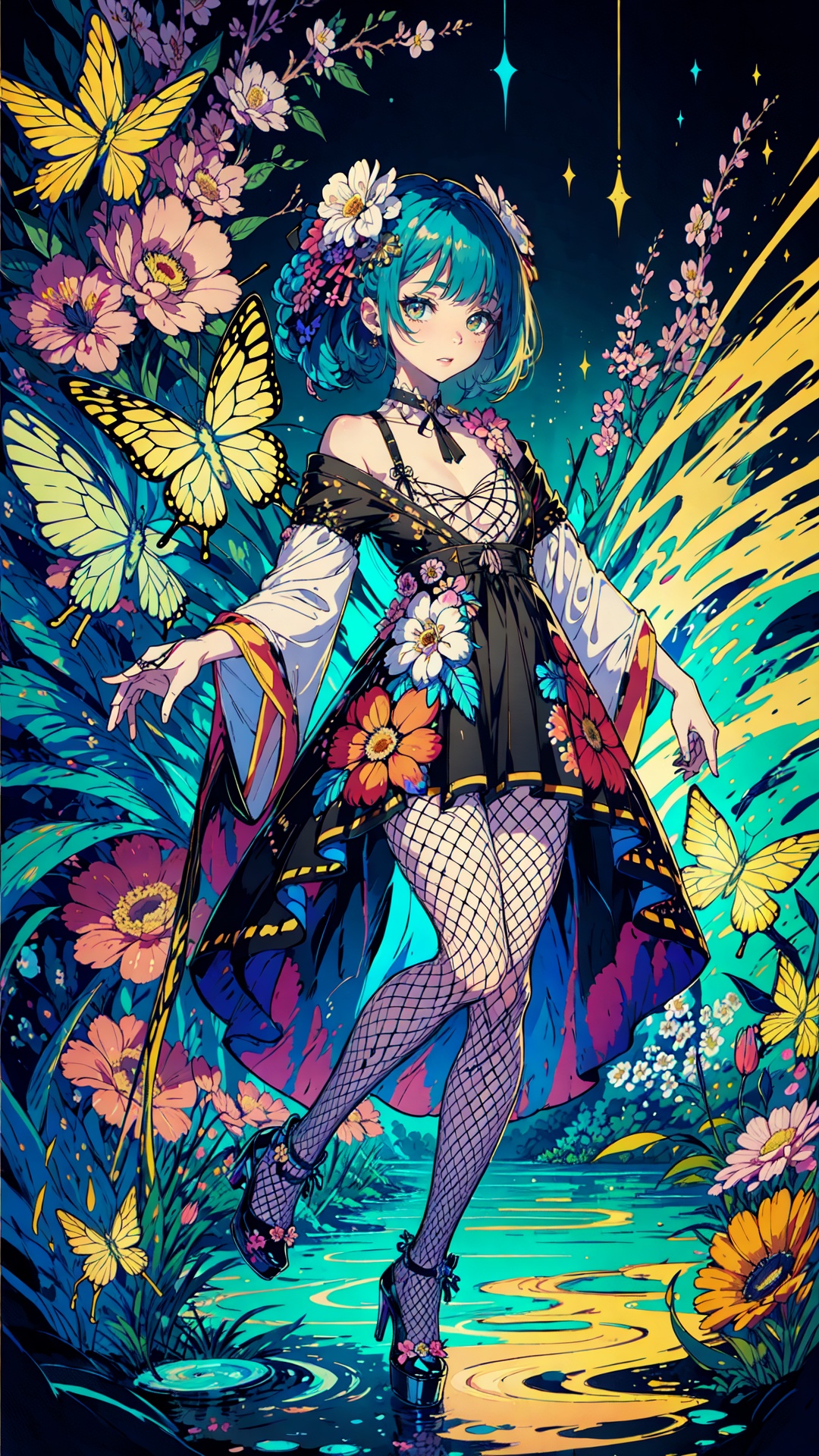fishnet  pantyhose,high heels,(masterpiece:1.1),(highest quality:1.1),(HDR:1),ambient light,ultra-high quality,( ultra detailed original illustration),(1girl, full body),((harajuku fashion)),((flowers with human eyes, flower eyes)),double exposure,fusion of fluid abstract art,glitch,(original illustration composition),(fusion of limited color, maximalism artstyle, geometric artstyle, butterflies, junk art),<lora:merged_0013:0.6>,