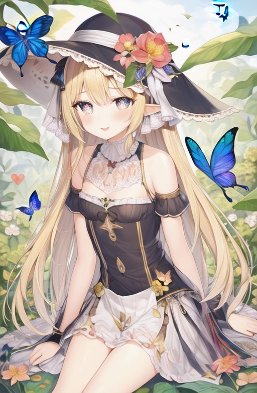 illustration,butterfly,bug,1girl,flower,long hair,hat,<lora:幻想童话插画风格_epoch_1:0.7>,light_blush,elf ears,multicolored eyes,sparkling eyes,small_breasts,blonde hair,heart-shaped_pupils,