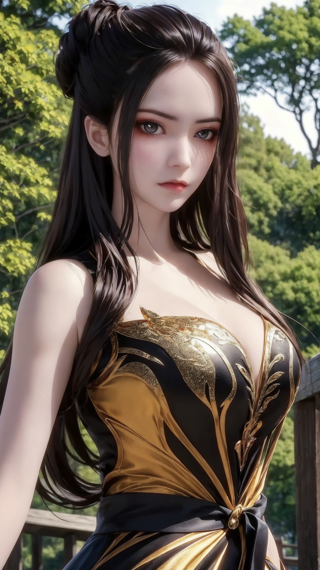 The image is a close-up portrait of a young woman with long,dark hair styled in a dramatic updo. She has a serious expression on her face and is looking directly at the camera. Her hair is styled in loose waves that fall over her shoulders and cascades down her back. She is wearing a black and gold outfit with intricate designs on her chest and neck. The outfit appears to be made of a shiny,metallic material and has a high neckline. The background is blurred,but it seems to be an outdoor setting with trees and foliage. The overall mood of the image is dark and mysterious.,<lora:1.5焰灵姬(4):0.8>,