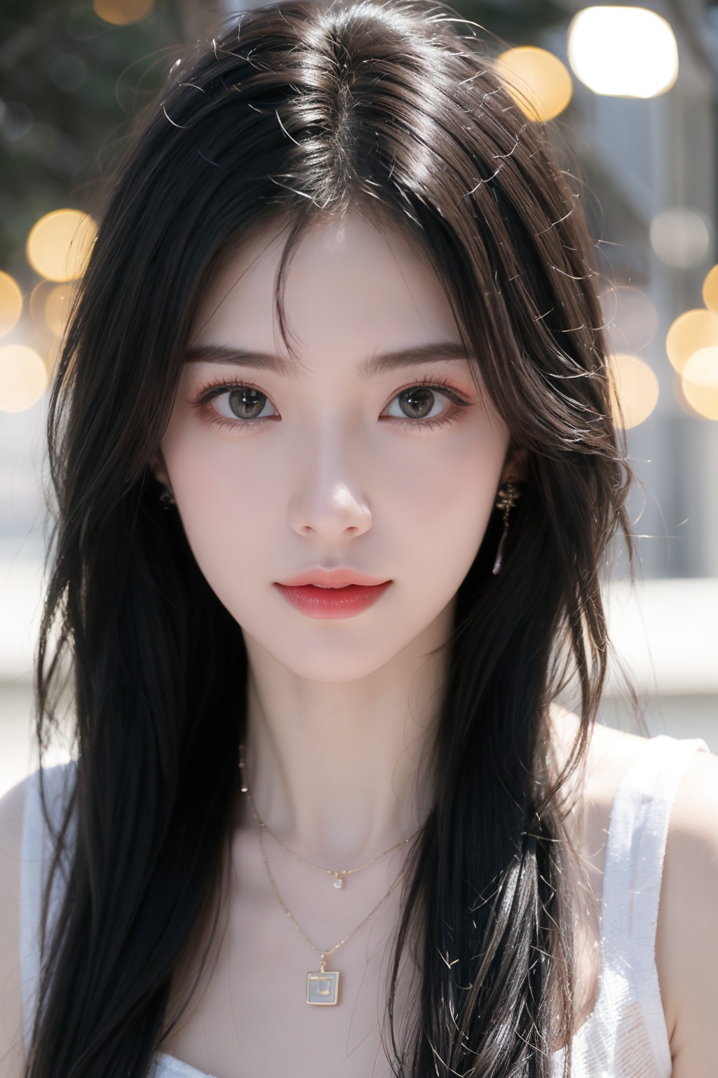 1girl, black hair, blurry, blurry background, bokeh, depth of field, jewelry, lens flare, lips, long hair, looking at viewer, necklace, outdoors, sleeveless, solo <lora:美女:0.8>