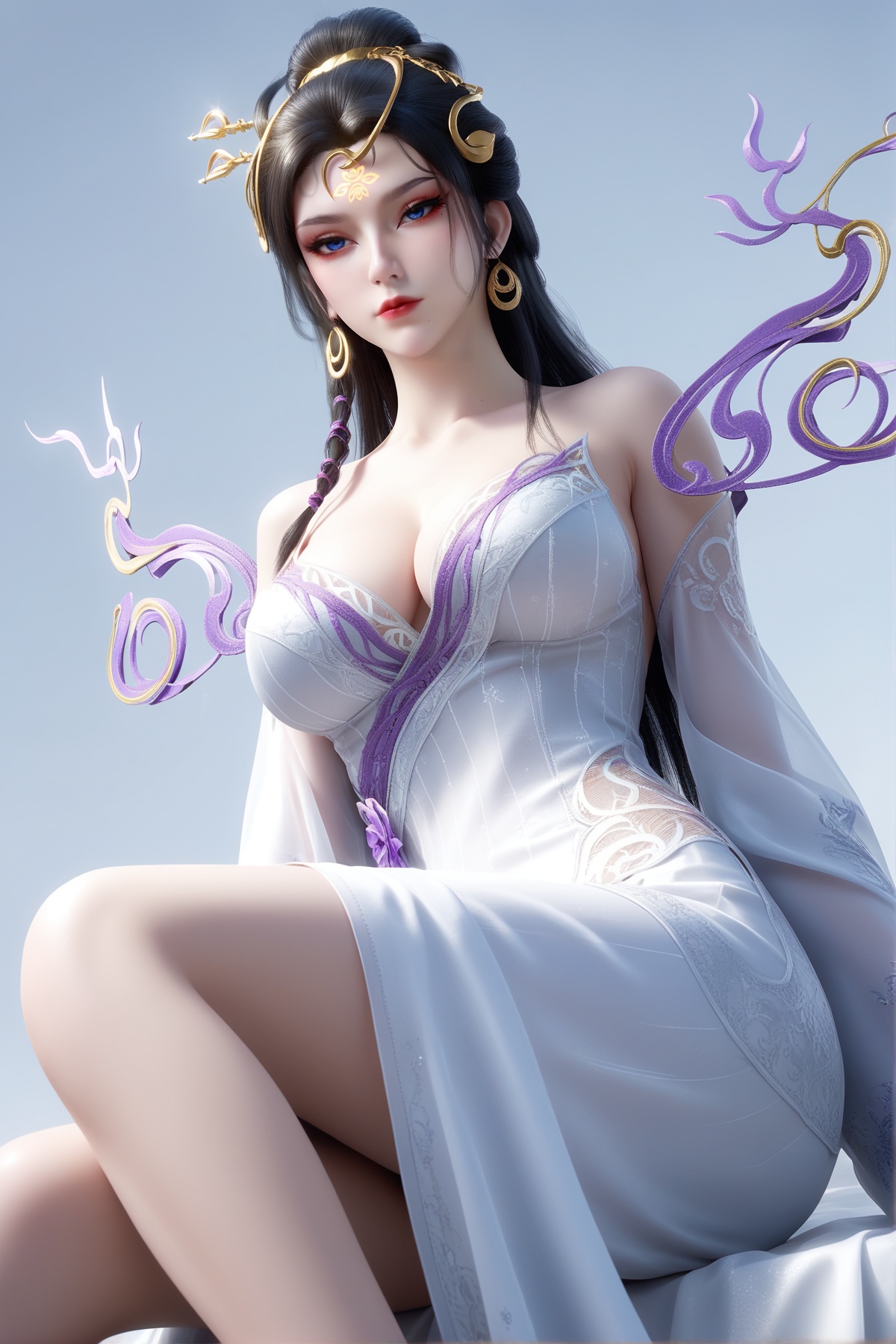 score_9,score_8_up,score_7_up,<lora:wy_meiji_XL7.0:0.8>,1girl,long hair,hair bun,breast,big breasts,cleavage,hair_ornament,dress,black hair,eyeshadow,blue eyes,mole under eye,forehead mark,white_dress,thick_thighs,sitting,simple background,white_background,purple jewelry,from_below,