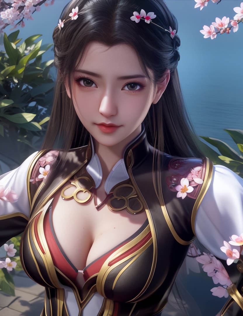 <lora:512-DA-师兄啊师兄-琼霄:0.8>(,1girl, ,best quality, ),looking at viewer,  ultra detailed background,ultra realistic 8k cg,ultra detailed 8k cg,masterpiece,upper body,  (( , )),, ,science fiction,mole, ultra realistic 8k cg, ,    ,outdoors, sun,sunlight, cherry blossoms,      (cleavage), (),