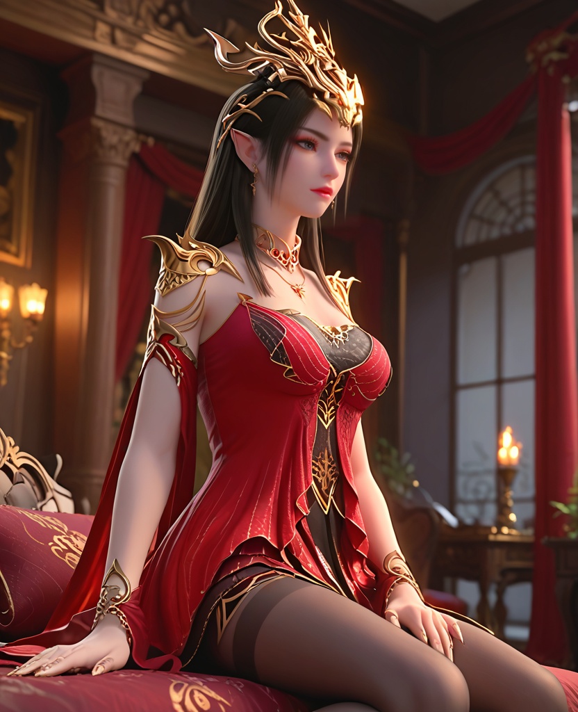 (oriental architecture, elegant decor, sophisticated style:1.1),(meditating:1.1),(breasts:1.2),<lora:XL斗破苍穹美杜莎女王装:0.95>,meidusha queen,red fringed dress layered on top of lace corset bra,red fringed dress,lace corset bra,shoulder armor,bare shoulders,pointy ears,crown,black hair,long hair,jewelry,earrings,necklace,detached sleeves,pantyhose,lace inner skirt,blue eyes,, score_9,score_8_up,score_7_up,score_6_up,score_5_up,score_4_up,3d rendering,tag1,tag2, Cinematic Lighting,backlighting,