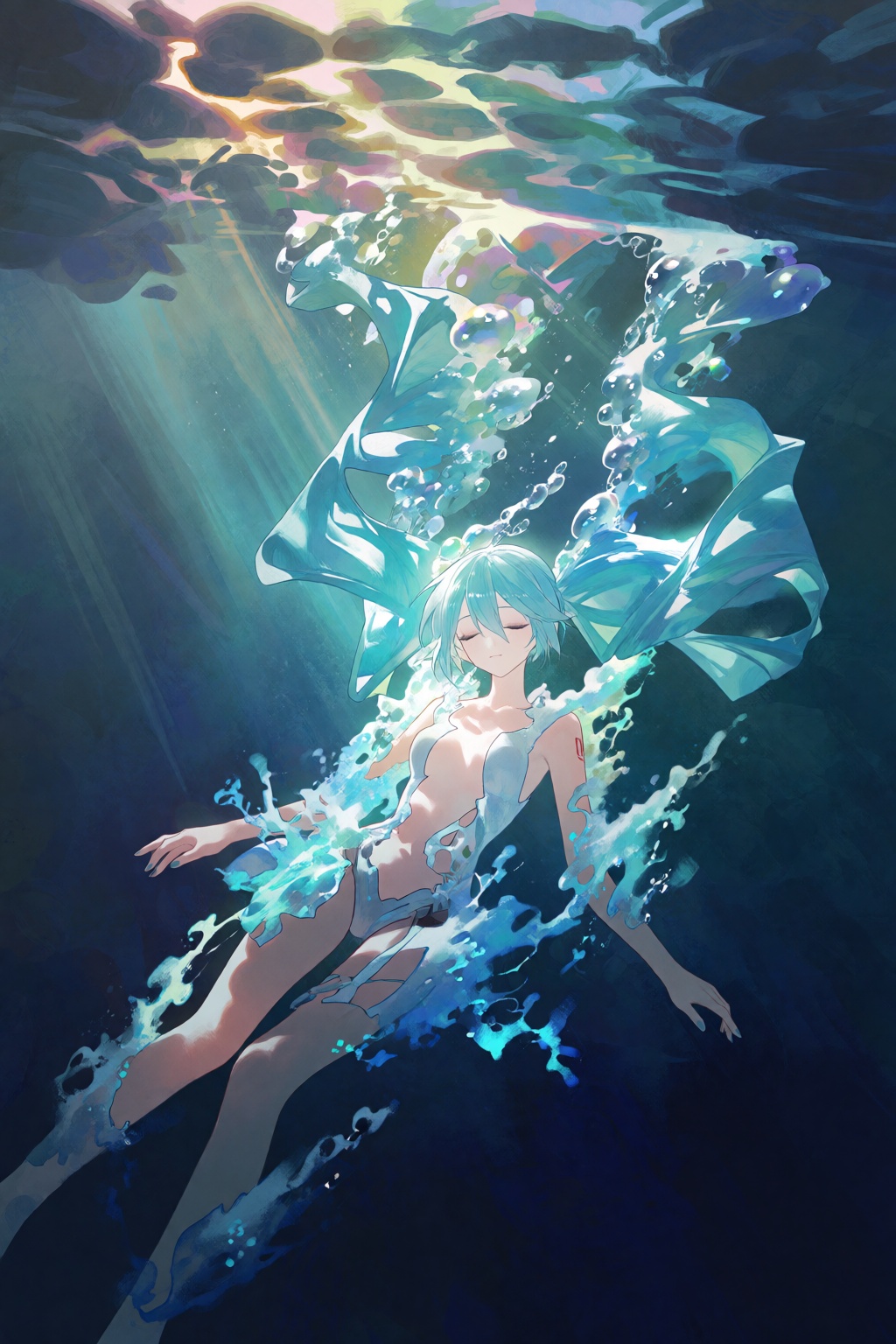 A poignant and beautifully tragic fine art anime illustration capturing Hatsune Miku as she dissolves into glowing seafoam...
