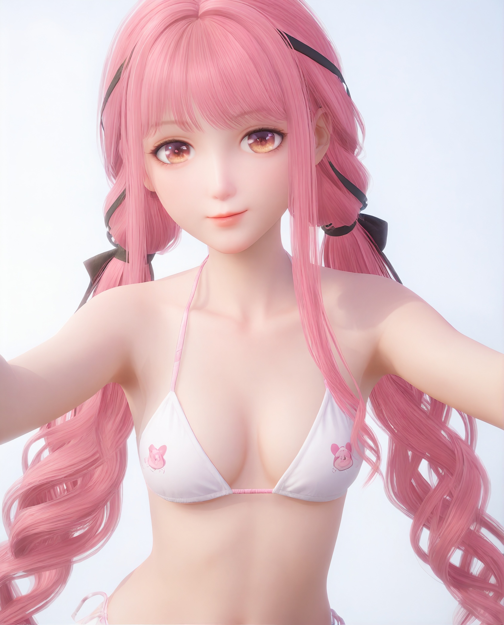 <lora:暖暖e:0.5>nikki_(nikki),adolescent, twintails, pink hair, looking at viewer, bikini,white background,