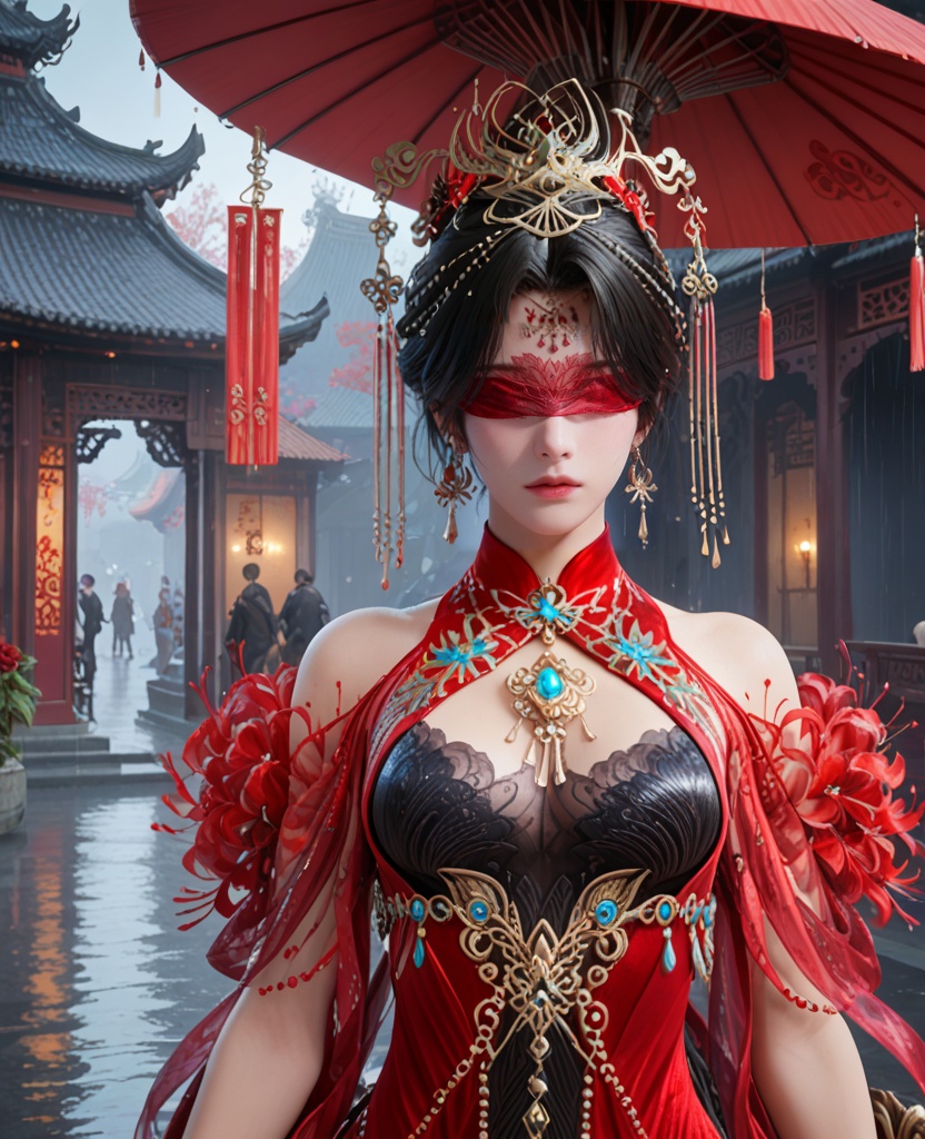 (oriental architecture, elegant decor, sophisticated style:1.1),(Walking with an umbrella in the rain, looking determined and resilient,:1.1),Reflective,(breasts:1.2),<lora:XL16永劫无间宁红叶赤皓新囍红:0.95>,miss ninghongye,red and black tiered dress,blindfold,black hair,traditional chinese updo,hair ornament,jewelry,earrings,, score_9,score_8_up,score_7_up,score_6_up,score_5_up,score_4_up,3d rendering,tag1,tag2, Cinematic Lighting,backlighting,