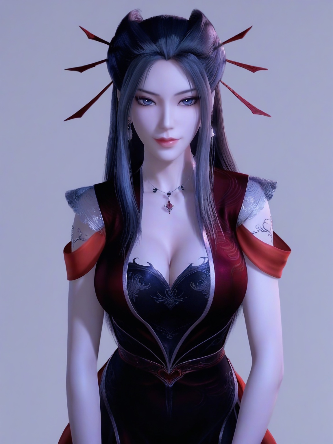score_9,1girl,solo,dress,long hair,standing,earrings,hair ornament, eyelashes, large breasts, standing,lipstick,cowboy shot, looking at viewer,simple background,<lora:SF_YanLingJiRedClothes_Pony_Realism2.3-000004:0.7>,