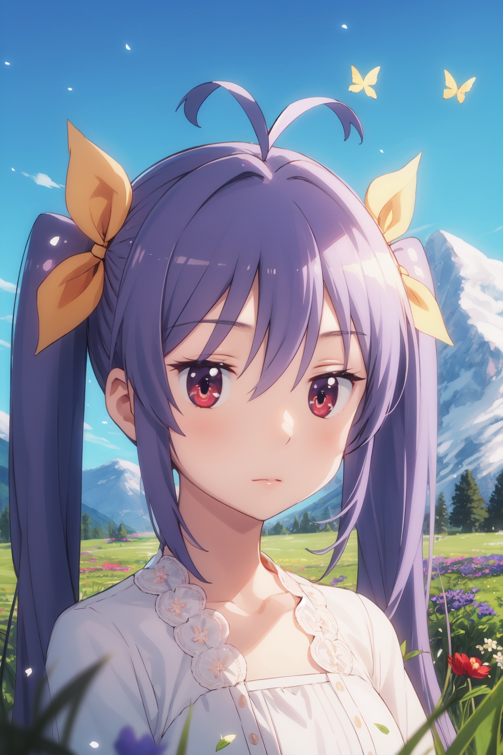<lora:Renge-000003:0.8>,Renge CYQL,1girl,looking at viewer,solo,twintails,purple hair,long hair,antenna hair,hair ribbon,red eyes,loli,Light green halter neck maxi dress with lace inserts,Bored, A slack jaw, drooping eyelids, and a slightly uninterested gaze.,panorama,beautiful face,beautiful eyes,glossy skin,shiny skin,Meadow, Flowers, Grass, Alps, Sunshine, Breeze, Butterflies, Melting snow,(Rose bushes, Garden arch, Wedding ceremony, Floral arrangements, Romantic setting, Wedding vows:0.6),beautiful detailed sky,beautiful detailed glow,masterpiece,best quality,beautiful and aesthetic,wallpaper,