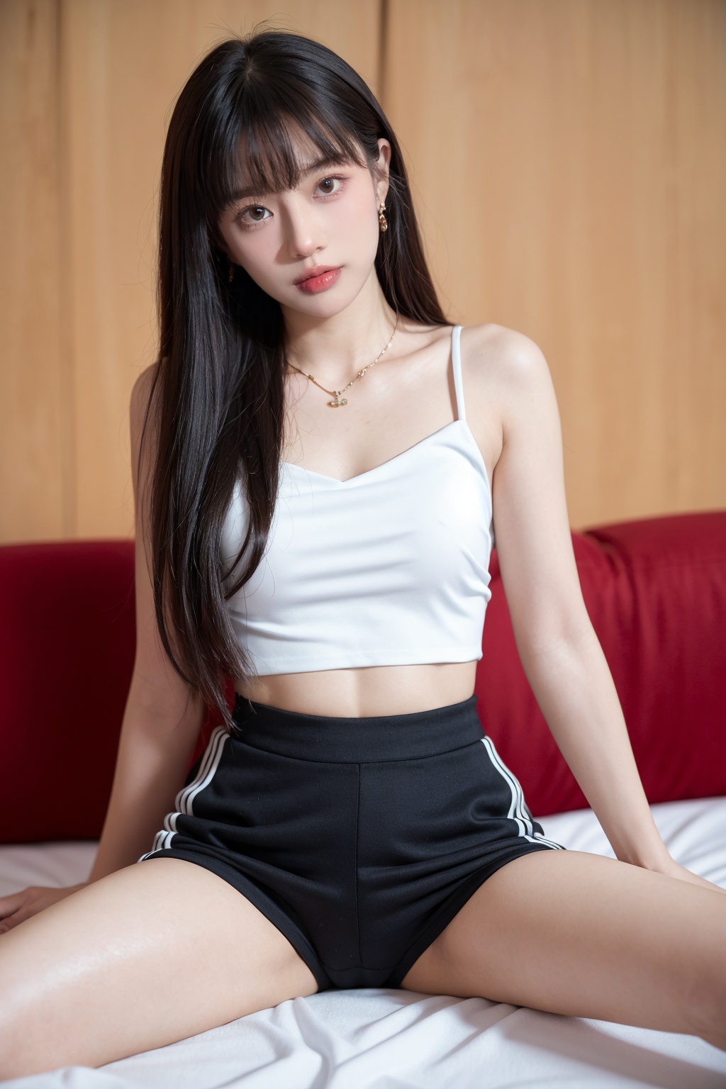 Long hair, jewelry, 1girl, looking at viewer, blur, solo focus, bangs,Dresses,Oblique Angle of view,(whole body:1.1),midriff, shorts,sitting,(yizima:1.4),(spread legs:1.4),<lora:YG诱惑舞蹈姿势02:0.75>,