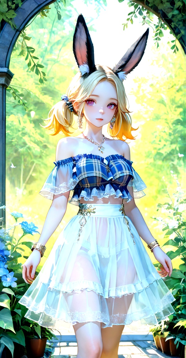 plaid shirt,  off-shoudler skirt,  rabbit ears on Tensor.Art