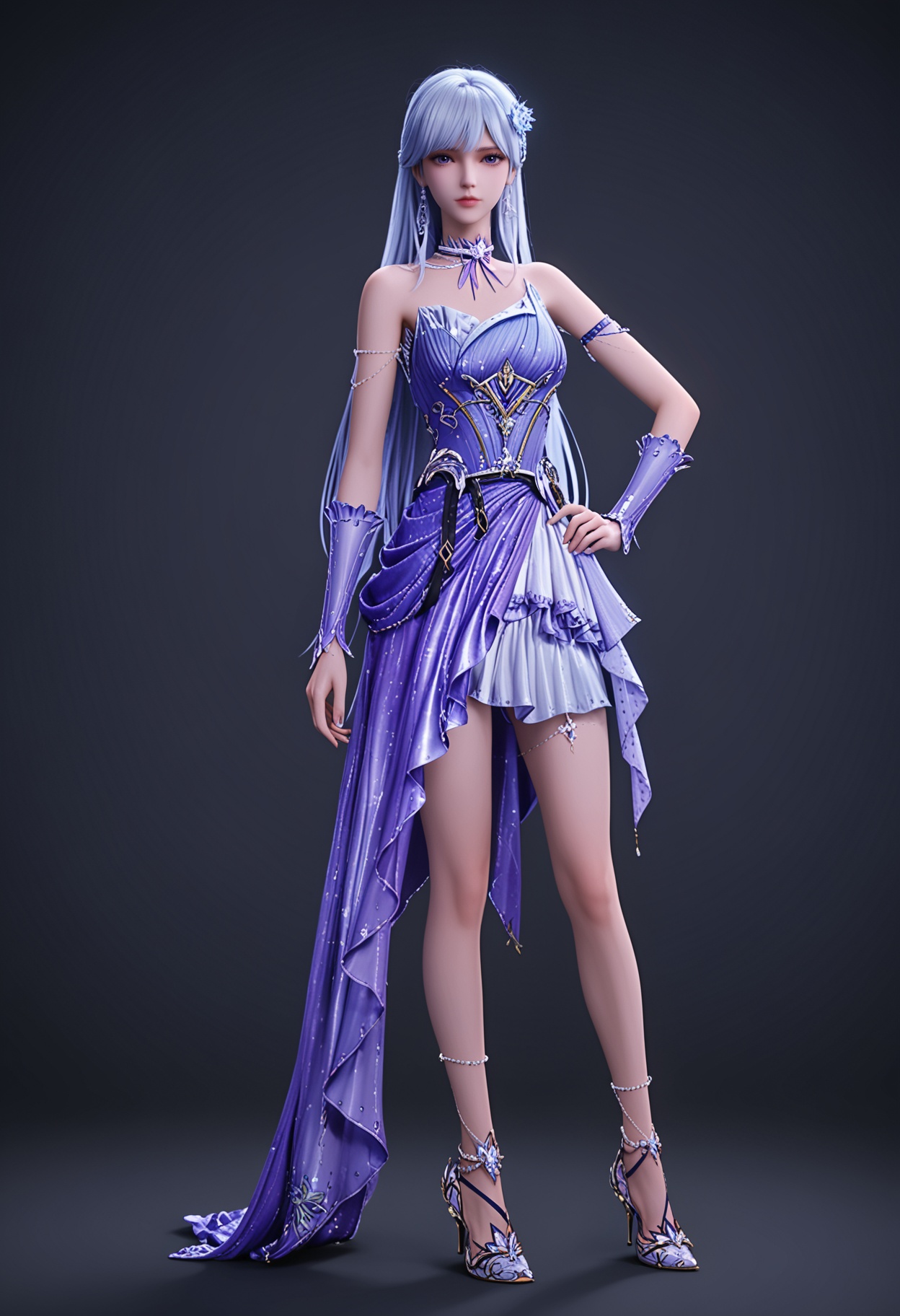(full_body:1.1),(looking at viewer:1.1),facing viewer,direct gaze,<lora:YQ_pony_shengcaier_fuzhuang6_V4:0.8>,q1528437228,1girl,solo,long hair,jewelry,hair ornament,earrings,dress,purple eyes,white hair,choker,high heels,necklace,blue hair,blue eyes,purple hair,BREAK simple background,pure black background,black background,perfect anatomy,