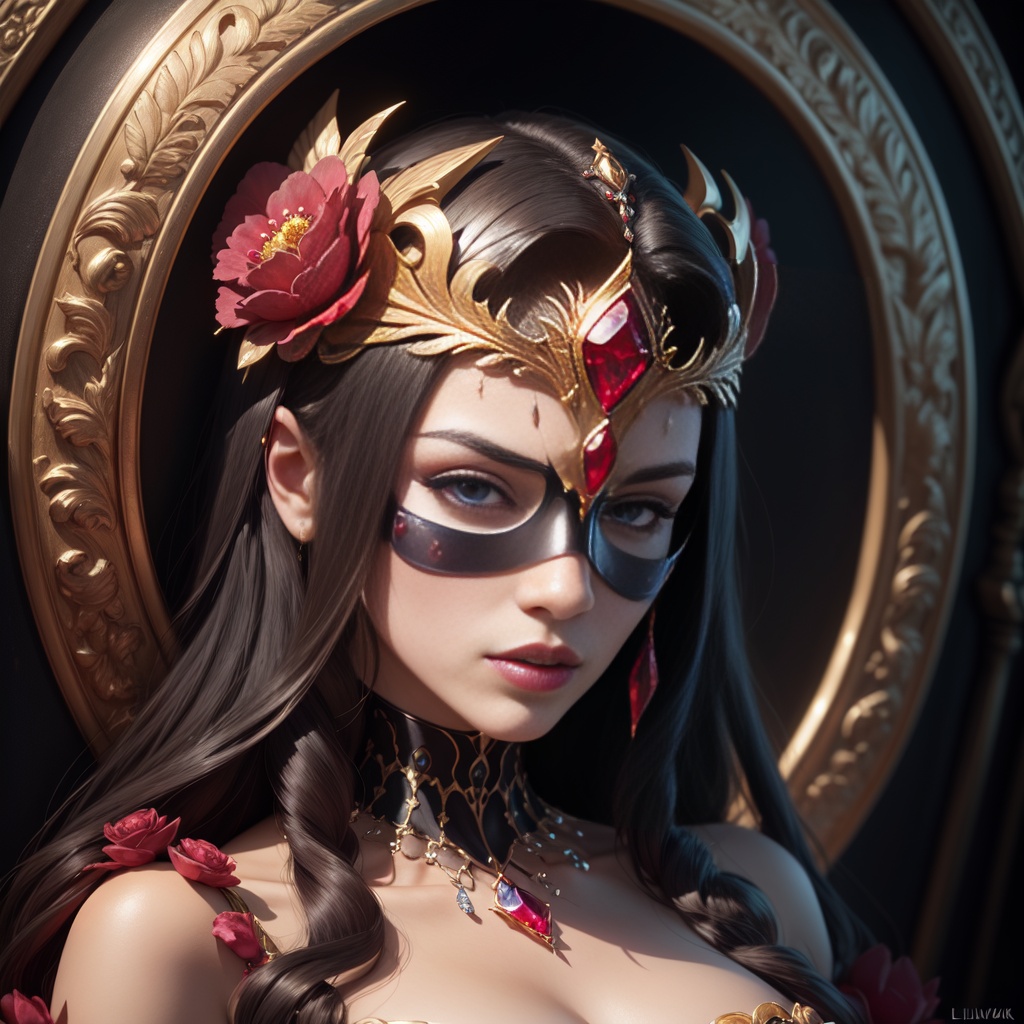 a close up of a person wearing a costume, behance contest winner, fantasy art, crown of giant rubies, 3 d goddess portrait, in the style of ross tran, ((wearing a bejeweled mask)), devotion to the scarlet woman, portrait of a holy necromancer, in style of stanislav vovchuk, lilith, depicting a flower