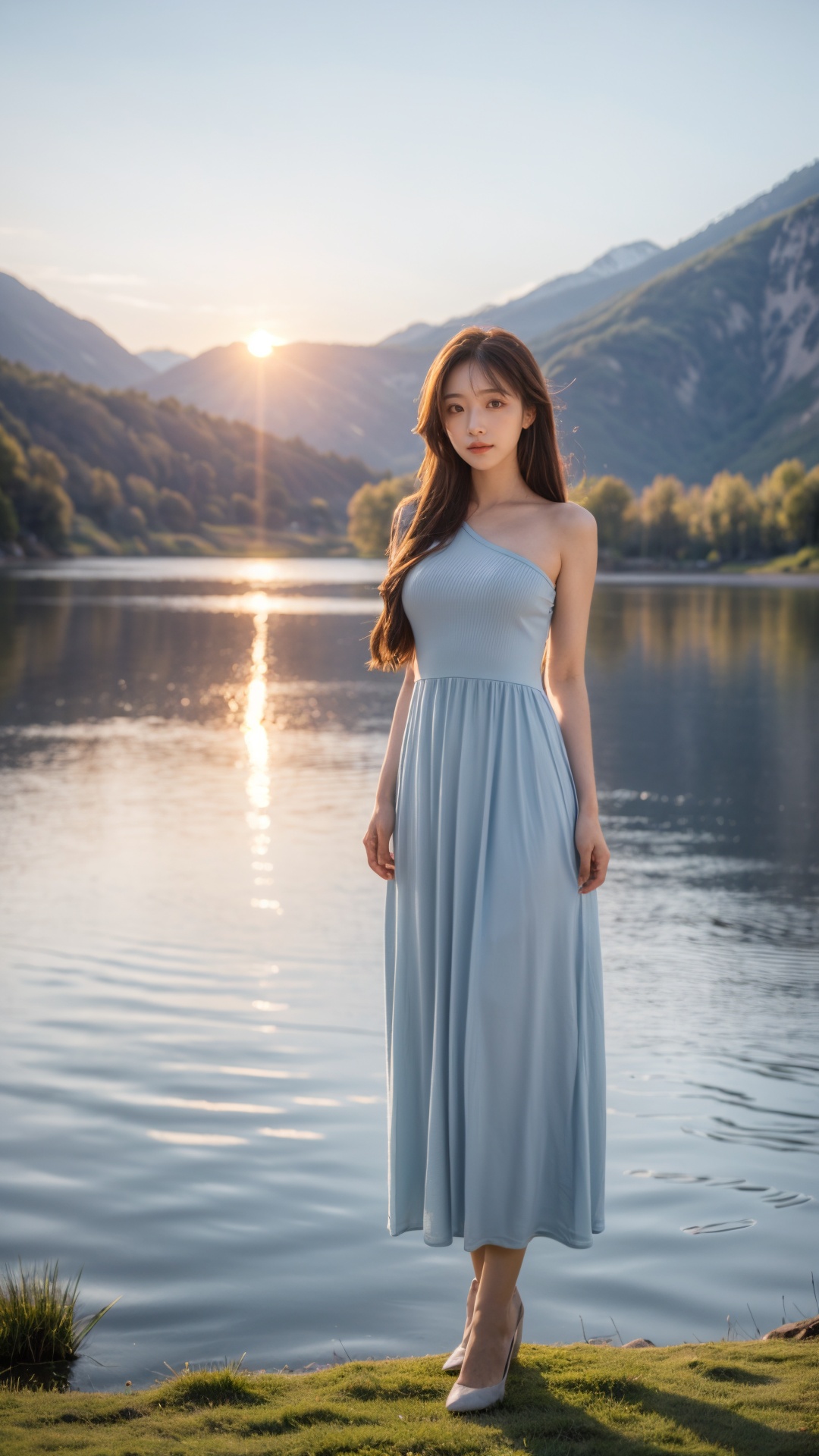 Realistic, masterpiece, best quality,8K,HDR,RAW,A beautiful girl,1 girl, perfect face, beautiful eyes,  good expression, charming,full body, (the setting sun,by the lake,the lake reflects the sunset,a distant mountain,beautiful clouds,spring scene), (standing),  <lora:add_detail:0.6>, <lora:GoodHands-vanilla:1>, <lora:ENNE 单肩长裙_v1:0.8> ,enne,one-shoulder dress,