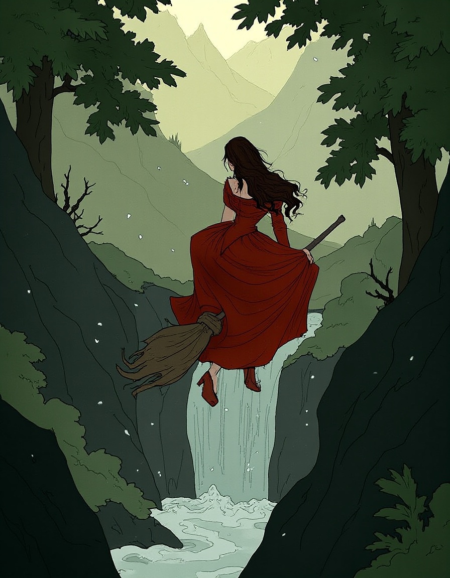 A woman in a red dress rides a magic broomstick through a deep forest. A waterfall flows in the heart of the woods. Sunlight filters through the dense canopy, scattering over this green-surrounded land.﻿﻿ <lora:F.1暗黑女巫-手绘线条插画V1_遥远的炼丹师:0.8>