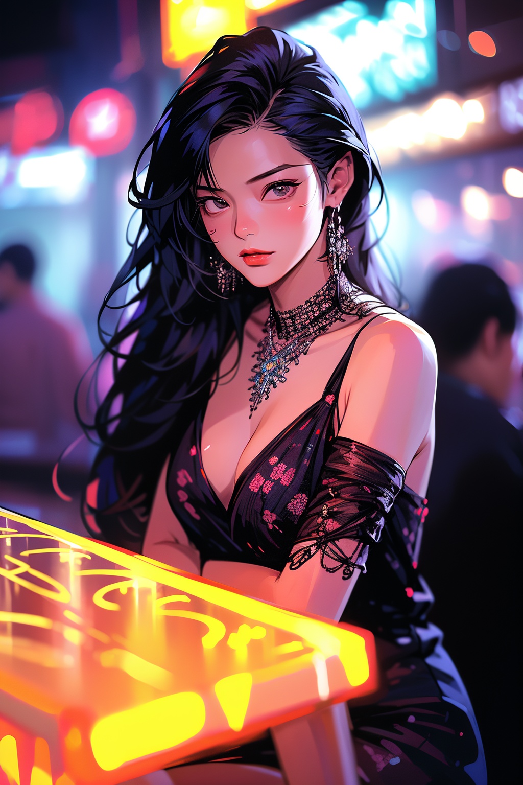 1girl,solo,long hair,depth of field,blurry background,bar (place),neon lights,fanhuaZ,<lora:fanhuaZ_20240115183629-000008:0.8>,(full body:1.1),, (high quality), best quality, (4k), 8k, super detailed, (full detail), (masterpiece), (realistic), super detailed,(Exquisite details) ,intricate,