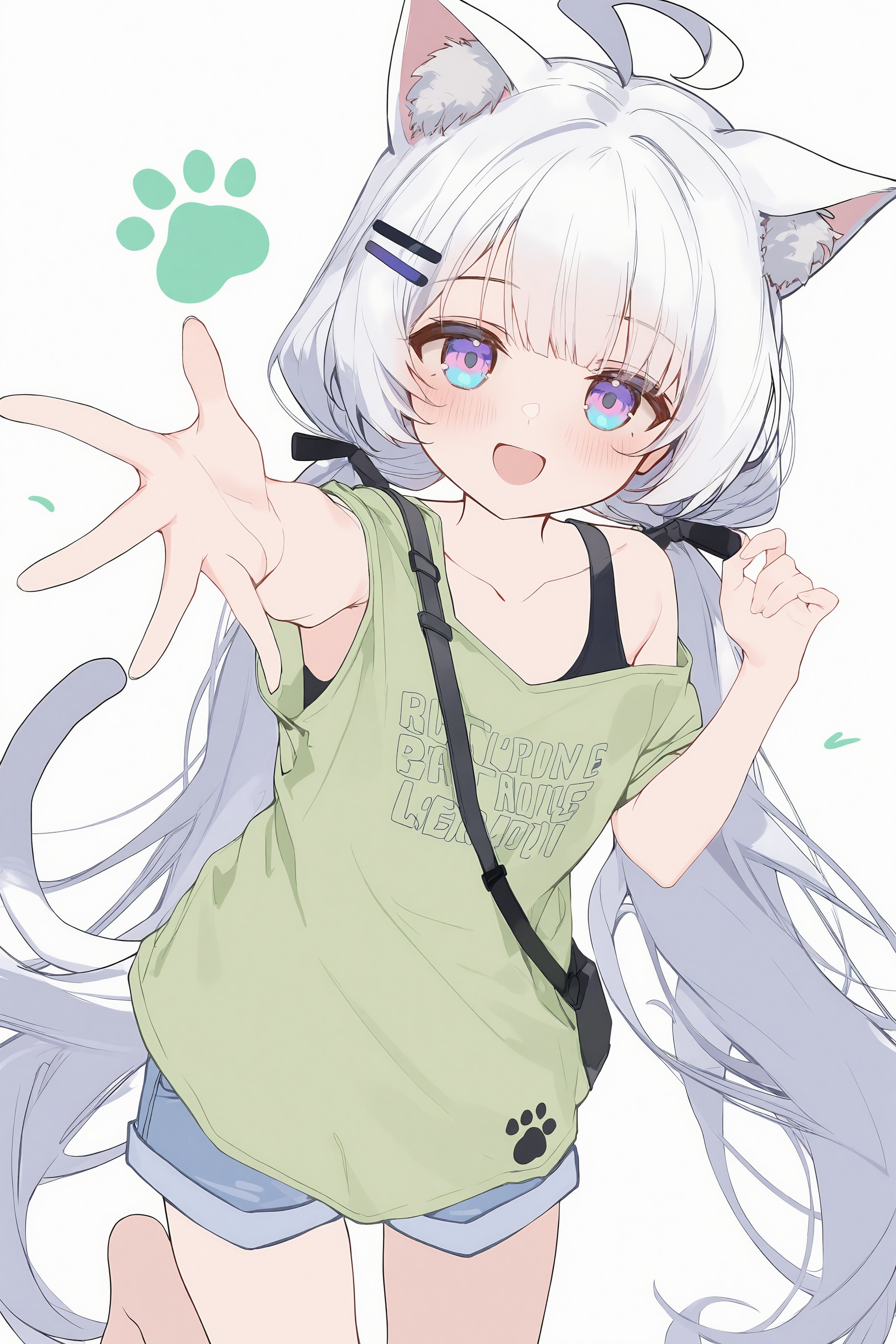 <lora:nai4.5zhengliu-ckxl0.2_v2:0.9>,high resolution,aesthetic,excellent,medium resolution,newest,year 2025,1girl,solo,cat girl,animal ears,cat ears,animal ear fluff,white hair,long hair,twintails,low twintails,ahoge,multicolored eyes,purple eyes,blue eyes,blush,smile,open mouth,hair ornament,hairclip,paw print,green shirt,sleeveless shirt,**** top,oversized shirt,shorts,blue shorts,shoulder strap,black strap,bare arms,tail,cat tail,reaching,reaching towards viewer,arm up,hand up,open hand,fingers spread,foreshortening,one leg up,looking at viewer,simple background,white background,text,english text,cowboy shot,