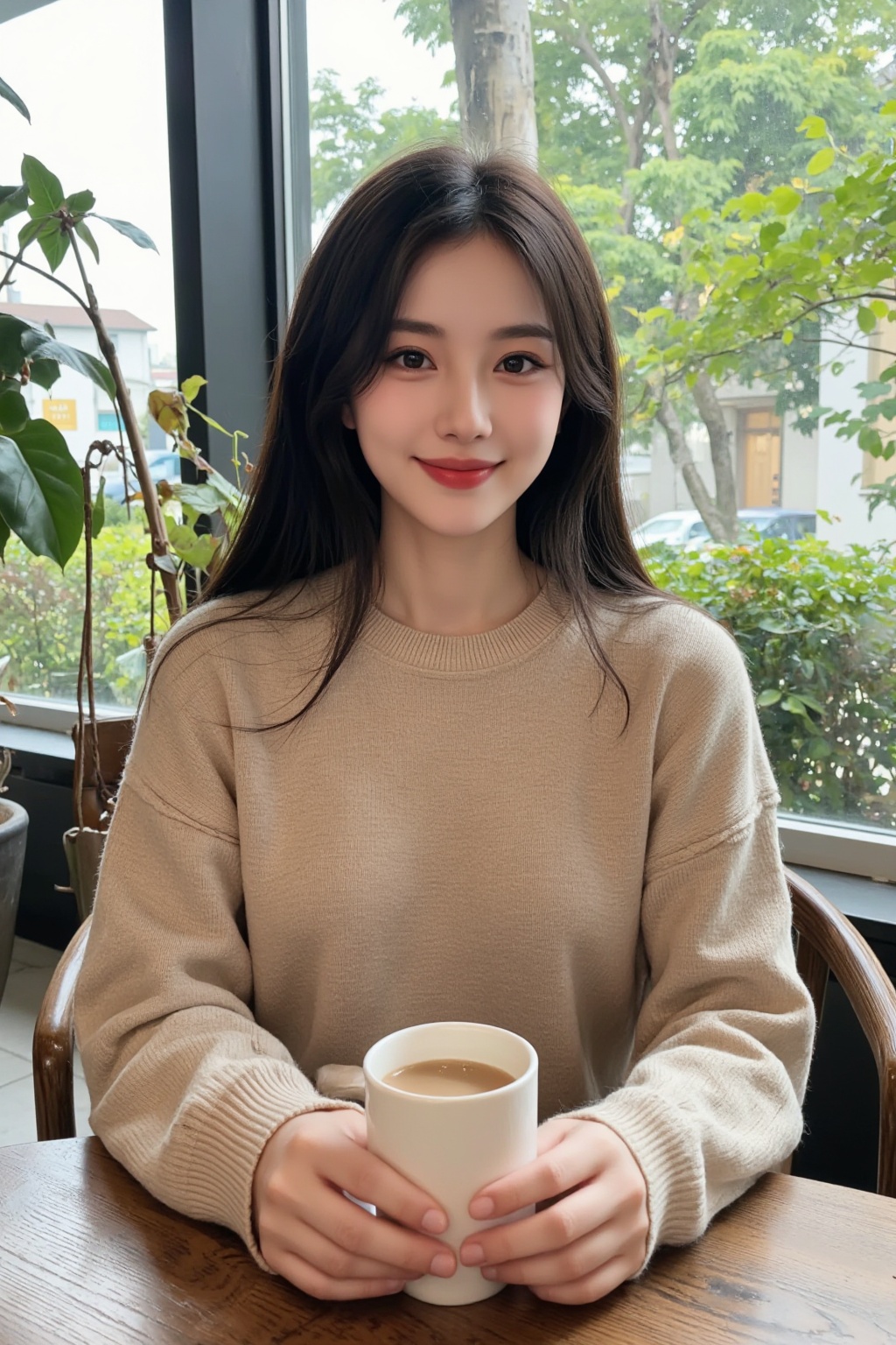 a young woman seated at a table in a coffee shop. She is wearing a beige sweater and has long,naturally falling hair over her shoulders. Her expression appears relaxed and cheerful,as she is smiling and looking at the camera. She holds a white cup in both hands,seemingly enjoying a drink. The background is an indoor setting with floor-to-ceiling windows,through which green plants and trees can be seen outside,creating a tranquil and comfortable atmosphere.,