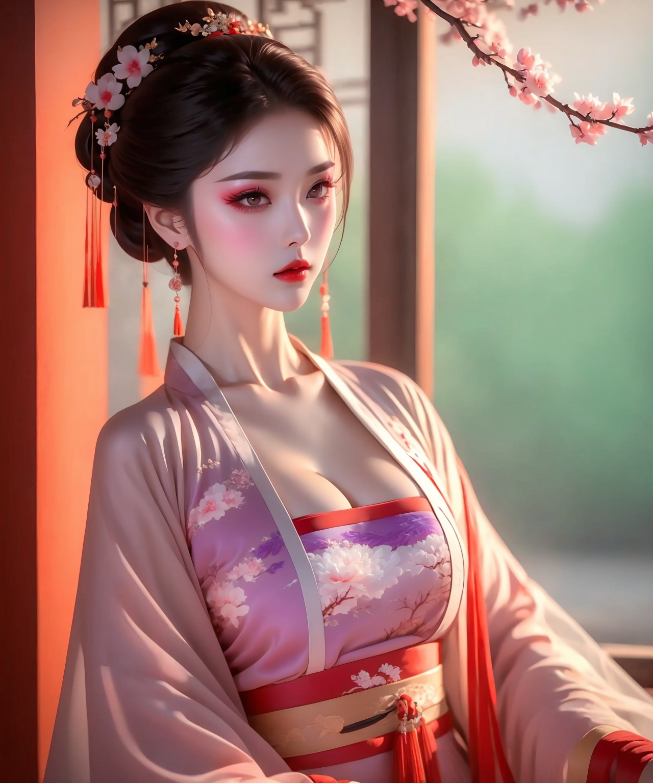 1 girl,diamond earrings,realistic,solo,Moisturizing red lips,eye makeup,eyeshadow,floral_ice flower,<lora:汉服眼妆1.3:0.6>,ice flower,chest,cleavage,<lora:汉服AI 1.3:1>,hanfu,black hair,