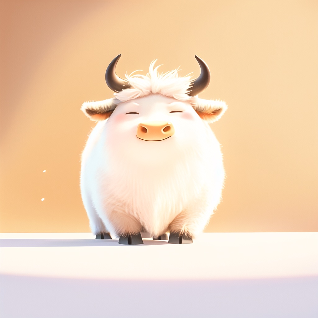 chouniu,cow,soft lighting,^ ^,cc-color-correction,whimsy and dramatic lighting,white fur,warm colors,mf-movie-filter,cute,no humans,solo,closed eyes,fluffy,full body,cow focus,horns,cow tail,standing,orange background,facing viewer,closed mouth,tail,cow horns,simple background,<lora:chouniu:0.8>,