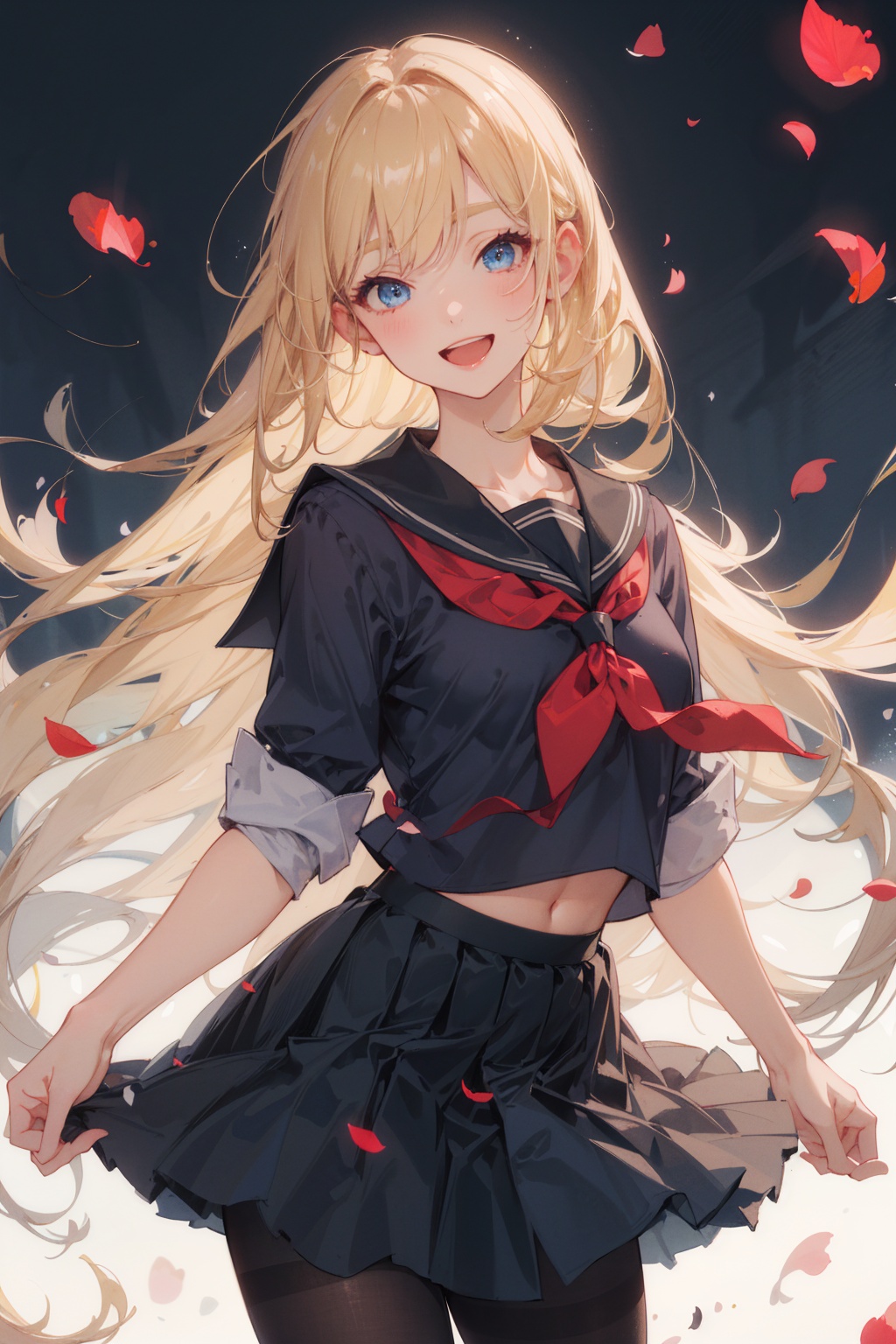 (best quality),((masterpiece)),(highres),illustration,original,extremely detailed,1girl,solo,pantyhose,long hair,solo,school uniform,blonde hairserafuku,skirt,black pantyhose,blue eyes,petals,hime cut,smile,open mouth,very long hair,