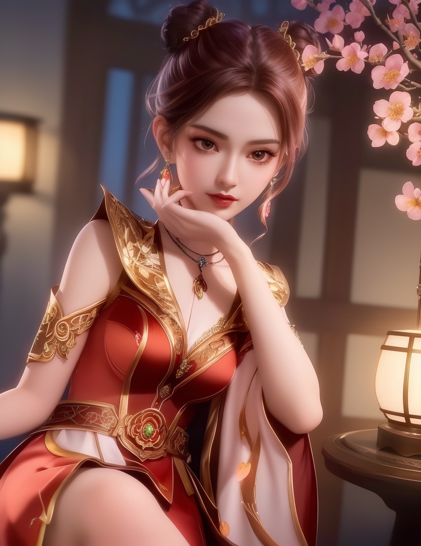 ultra realistic 8k cg, picture-perfect face, flawless, clean, masterpiece, professional artwork, famous artwork, cinematic lighting, cinematic bloom, perfect face, beautiful face, fantasy, dreamlike, unreal, science fiction,  beautiful clothes, lace, lace trim, lace-trimmed legwear,  (rich:1.4), prestige, luxury, jewelry, diamond, gold, pearl, gem, sapphire, ruby, emerald, intricate detail, delicate pattern, charming, alluring, seductive, erotic, enchanting, hair ornament, necklace, earrings, bracelet, armlet,halo((,1girl, pov,))(((,peach blossom, branch, 1girl, tree, spring_\(season\), solo, petals, black_hair, japanese_clothes,looking at viewer, )))    <lora:DA_MaXiaoTao:0.6>