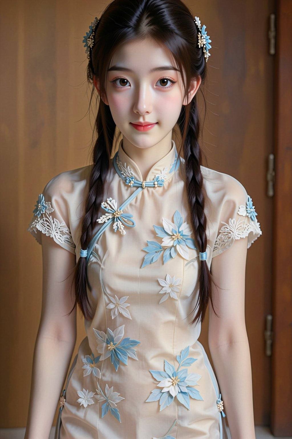 A young East Asian woman,  appearing to be in her late teens or early twenties,  stands centered in the frame on Tensor.Art