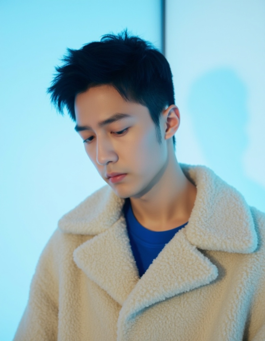A photograph of a young Asian man with a slender build, short black hair, and fair skin. He wears a textured, light beige overcoat with a fluffy collar over a blue shirt. The background is a soft blue gradient, suggesting a minimalist, modern style. His expression is serious and contemplative, gazing slightly downward. The lighting is soft, highlighting the texture of his coat and the smoothness of his skin.
