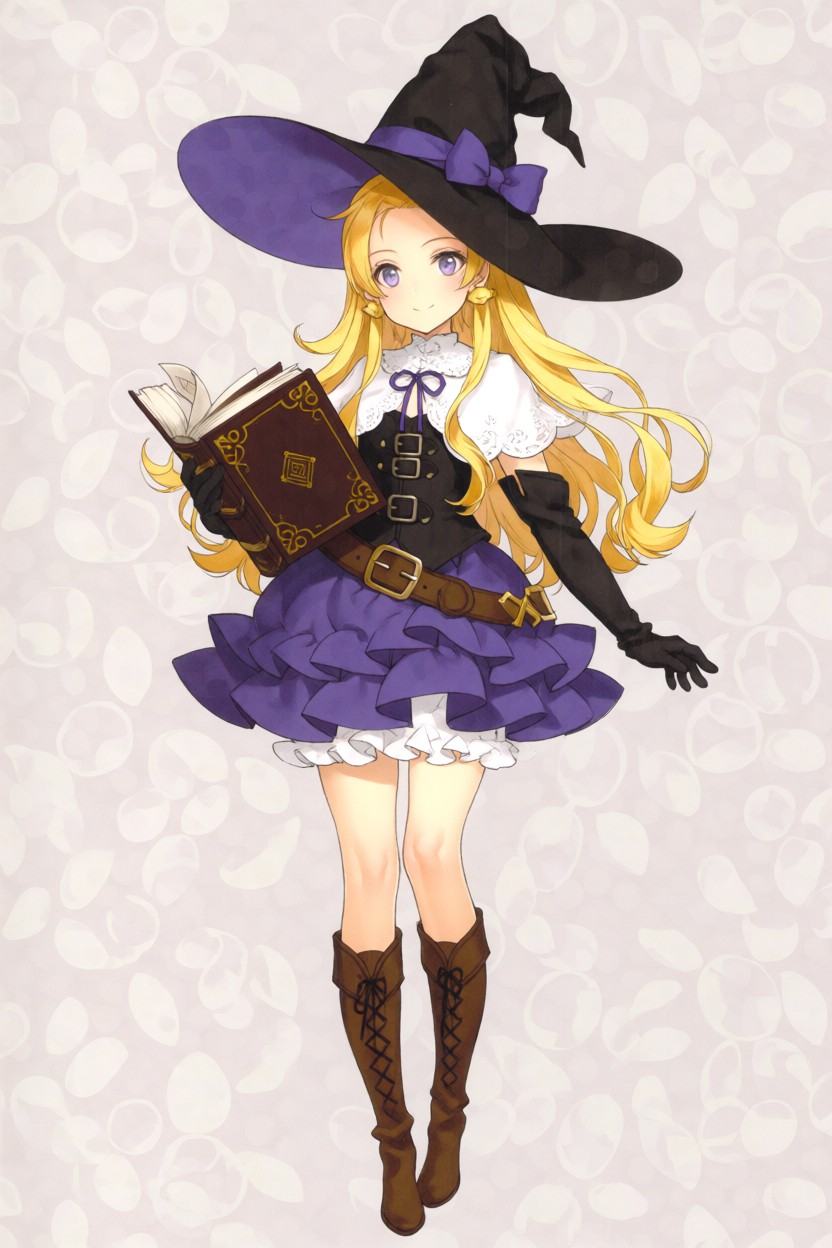 Full body anime concept art of Lillet Blan from GrimGrimoire. A young teenage witch girl with long golden blonde hair and...