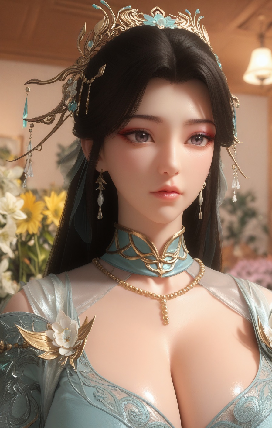 score_9,score_8_up,score_7_up,source_anime,<lora:qingxuan_xiyouqinv13_illust:0.7>,1girl,jewelry,beautiful_detailed_eyes,black hair,hair bun,long hair,blue dress,huge breasts,earrings,eyeshadow,makeup,necklace,jewelry,(beautiful_detailed_eyes:1.2),dramatic lighting,oil,(shiny_skin:1.2),ultra detailed 8k cg,ultra detailed background,full_shot,2.5D,rating_explicit,chinese women,(realistic:1.3),perfect face,detailed face,sexy pose,supermodel,overall warm color,dol,(sunshine flower room:1.3),innocence,mysterious,surreal,film grain texture,analog photography aesthetic,visual storytelling,dynamic composition,delicate details,highly detailed,concept art,extremely detailed,amazing quality,ultra-high resolution,32K UHD,sharp focus,best-quality,with a high-end texture,golden hour,unconventional supreme masterpiece,masterful details,temperate atmosphere,in the style of fashion photography,high detailed  skin,(detailed skin:1.1),highly detailed,nice hands,highly detailed,Skindentation,skin depression,<lora:Add_more_details_V2_XLpony:0.6>,dramatic lighting,detailed face,<lora:Expressive_H:1>,(macro_shot:1.4),(eyes_focus:1.4),(face_focus:1.4),(portrait:1.4),