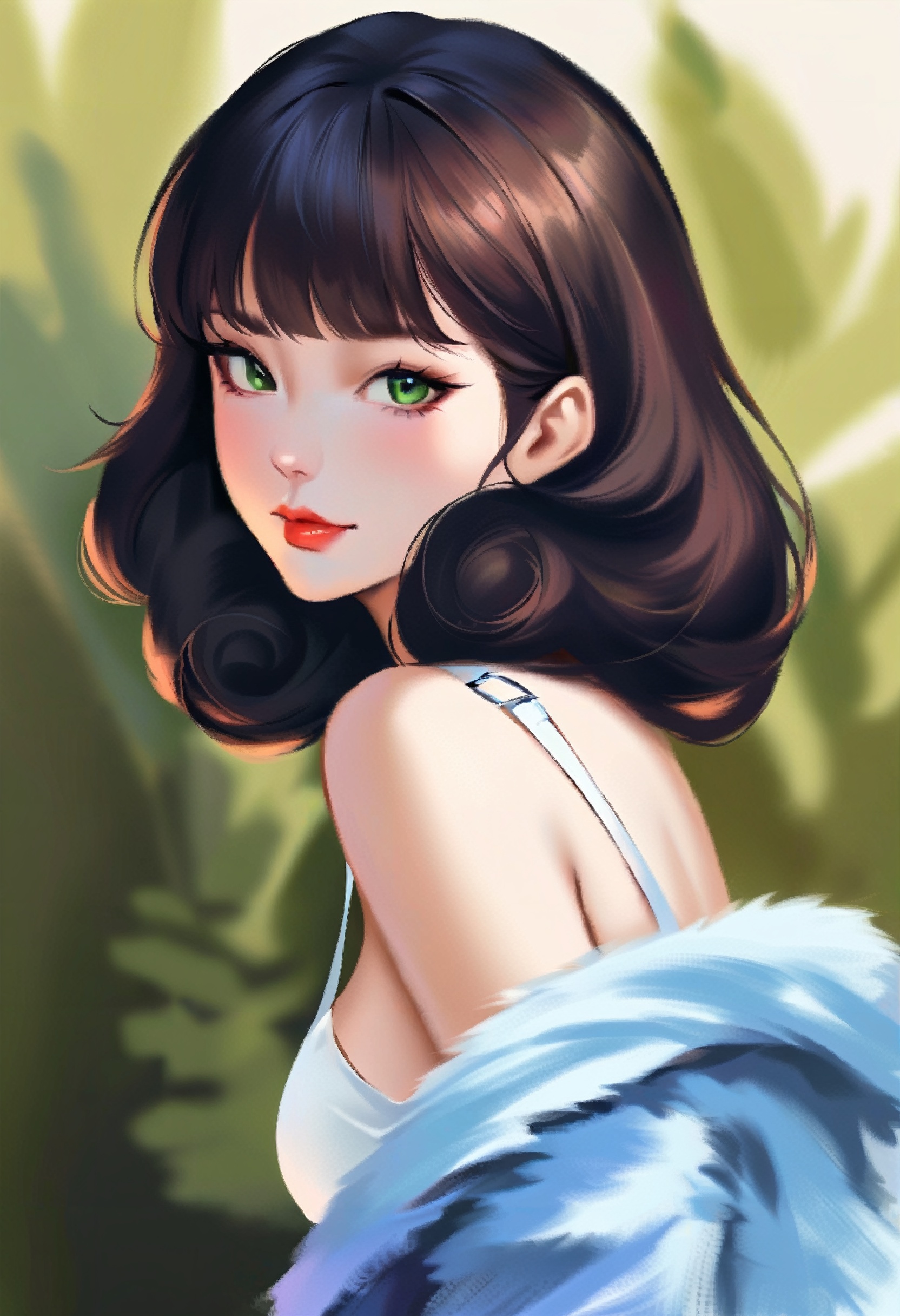 a girl with long brown hair looks back,  curly hair,  blunt bangs on Tensor.Art