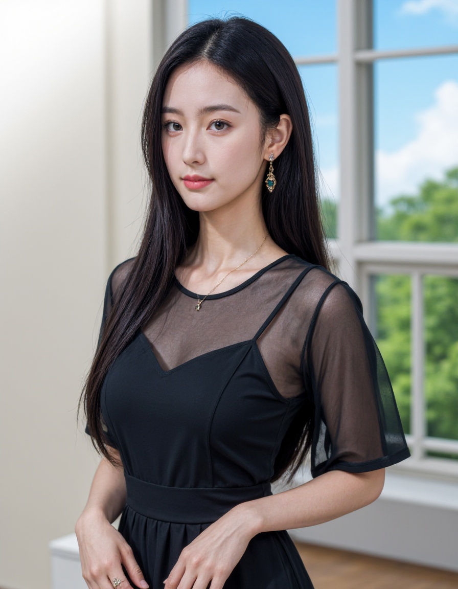 realistic, photorealistic, upper body, 1girl, solo, black hair, long hair, dress, jewelry, earrings,  looking at viewer, outdoors,