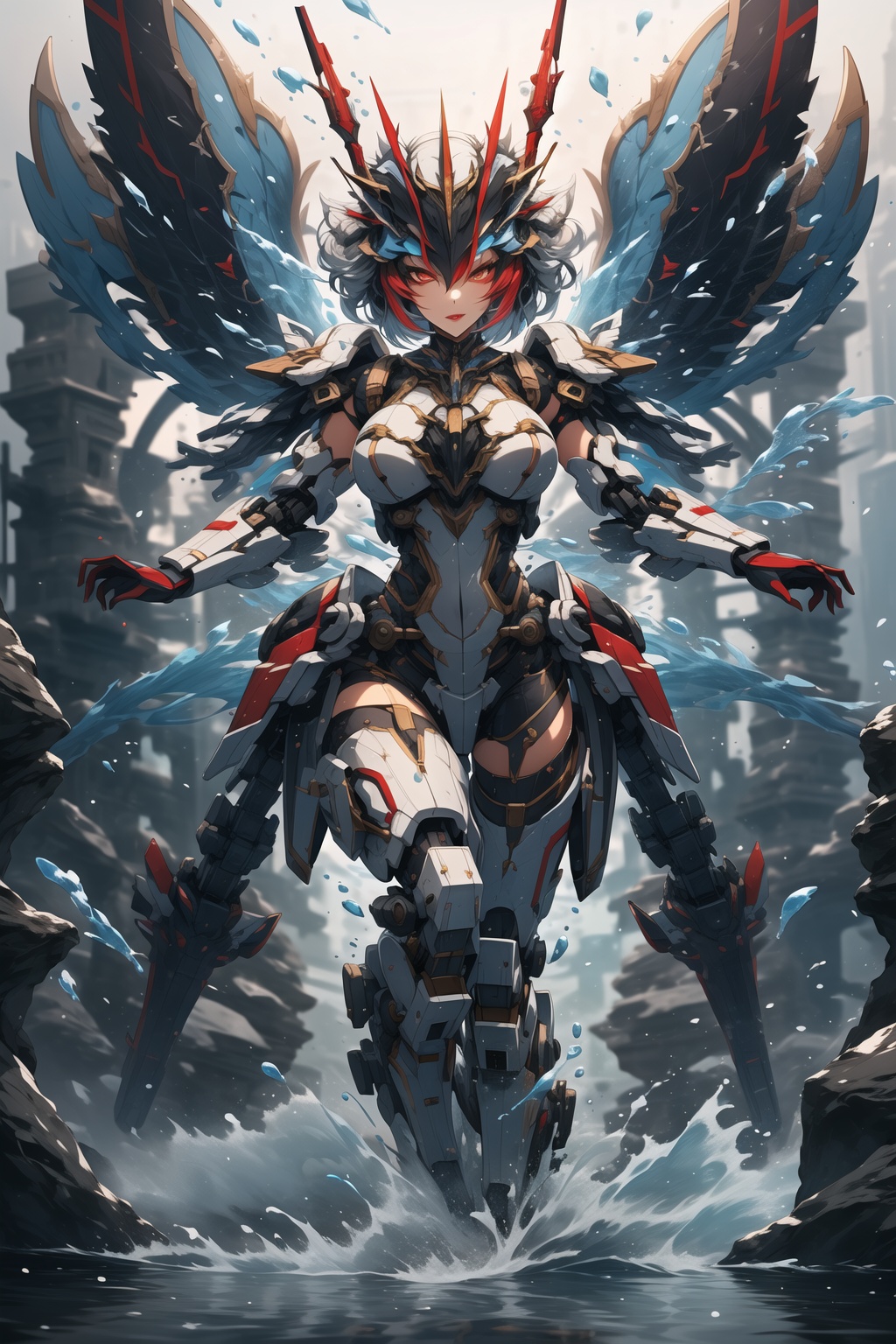 water,mecha,1girl,solo,full body,looking at viewer,white background,bob cut,short hair,multicolored hair,makeup,parted lips,red lips,eyeliner,