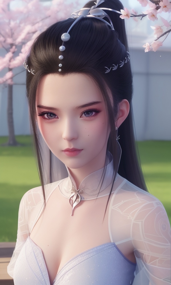 (,1girl, ,best quality, ),looking at viewer, <lora:431-DA-逆天邪神-楚月婵:0.8> ultra detailed background,ultra realistic 8k cg,ultra detailed 8k cg,masterpiece,upper body,  (( , )),, ,science fiction,mole, ultra realistic 8k cg, ,    ,outdoors, sun,sunlight, cherry blossoms,      (cleavage), (), 