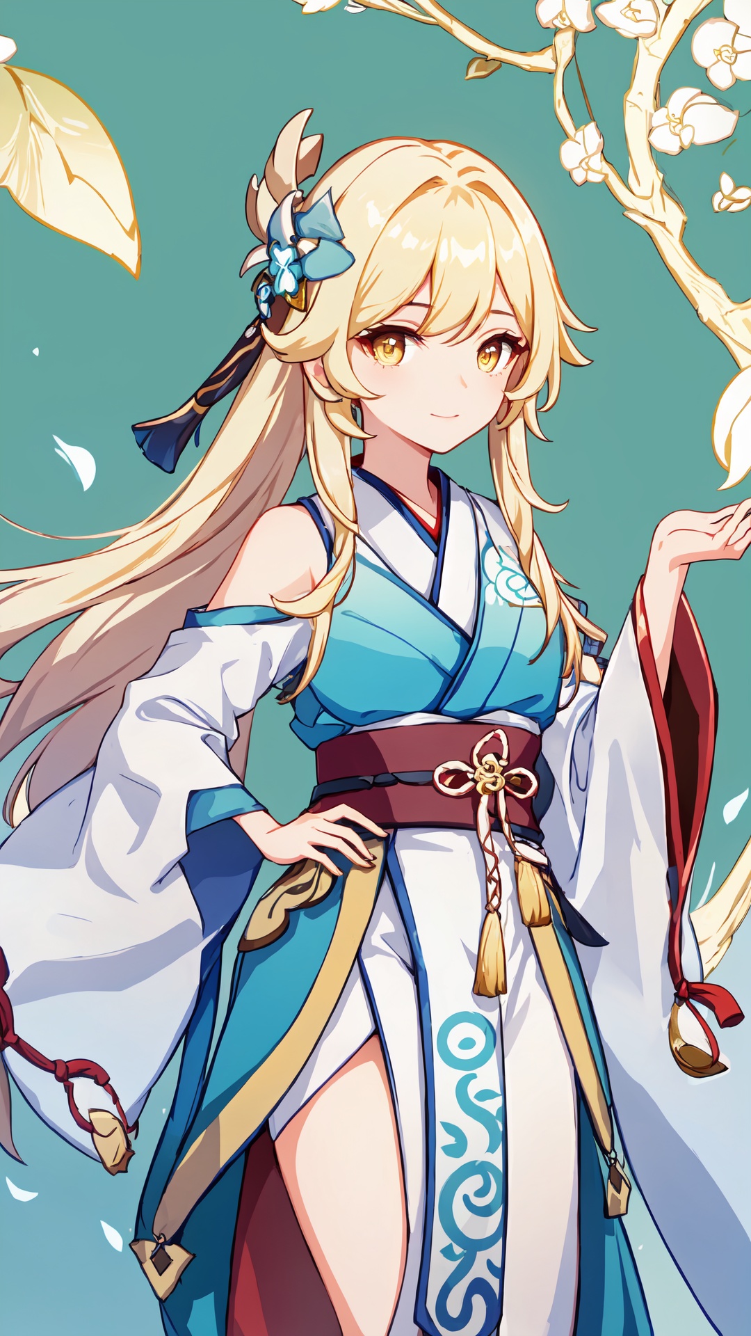 masterpiece,best quality,wallpaper,sidelighting,<lora:lumine:0.5>,lumine (genshin impact),1girl,solo,hair ornament,blonde hair,yellow eyes,(hanfu:1.5),
