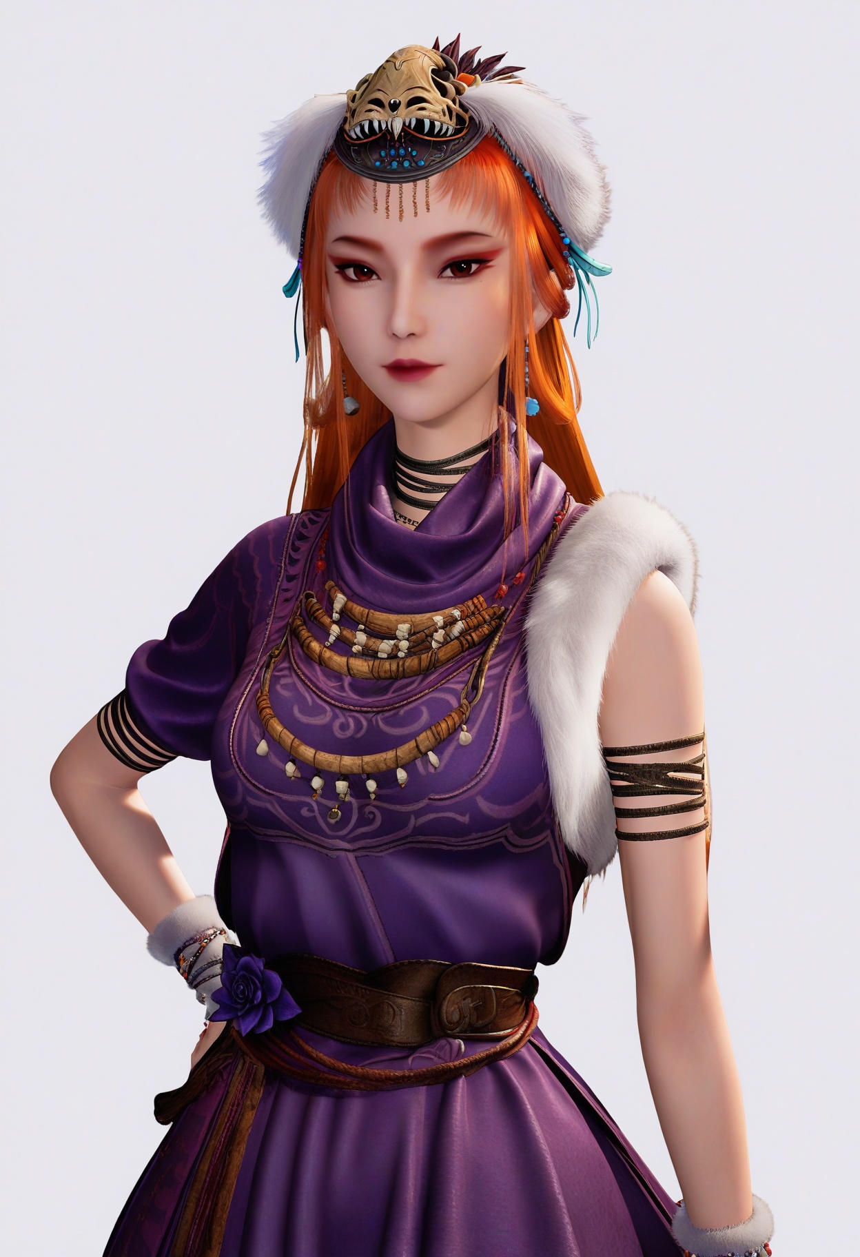score_9,<lora:SF_JiangChenSecondClothes_Pony_Realism2.3-000004:0.7>,hair ornament,long hair,dress,eyeshadow,orange hair,headdress,1girl,breasts,dress,purple dress,purple skirt,fur trim,necklace,  solo,medium breasts,   looking at viewer,white background,simple background,