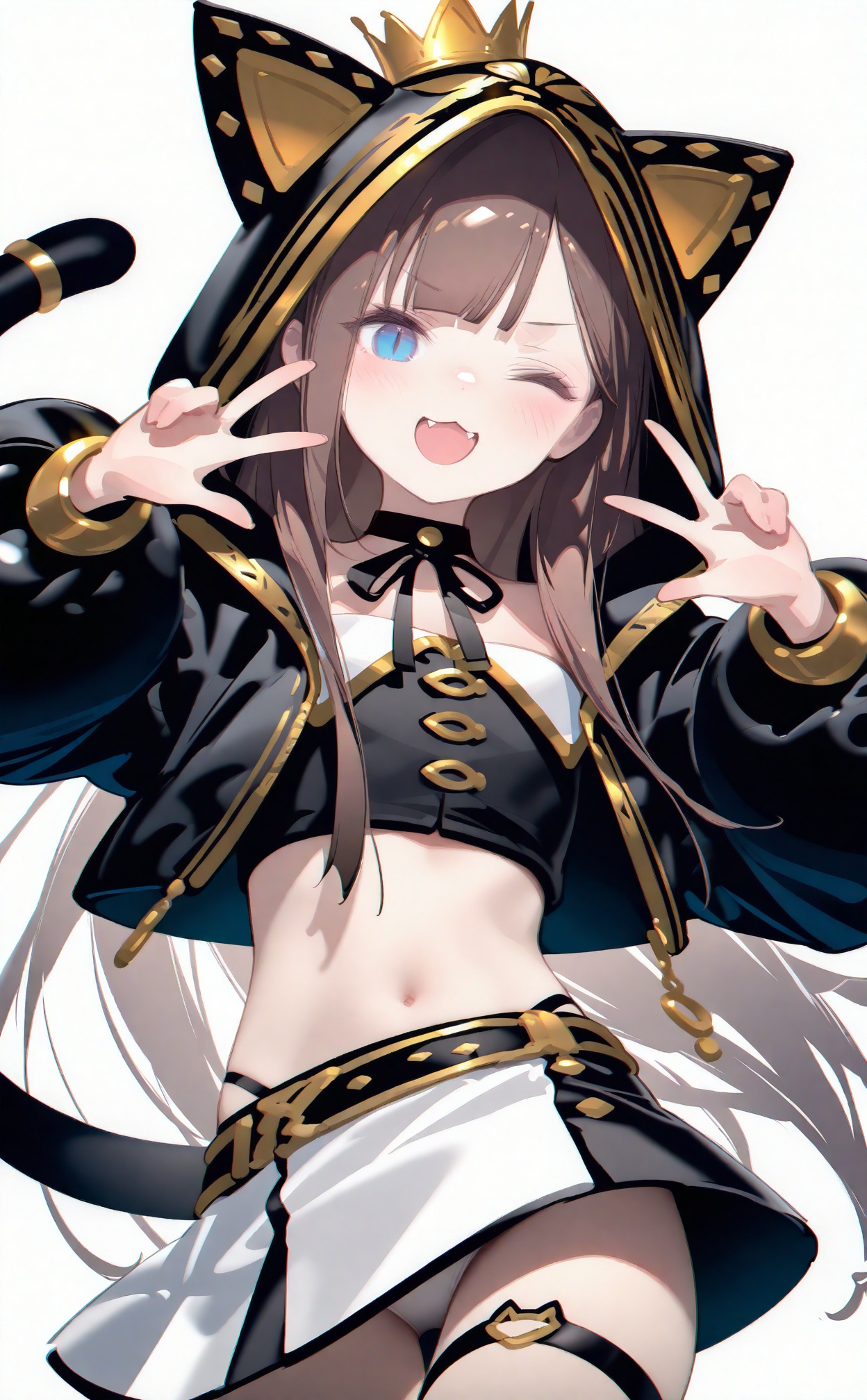 best, 1girl, blue eyes, one eye closed, solo, brown hair, navel, hood, long hair, jacket, smile, animal hood, black jacket, open mouth, fang, skirt, looking at viewer, tail, long sleeves, midriff, hood up, cat hood, w, ;d, thigh strap, open jacket, panties, cat tail, puffy long sleeves, open clothes, black shirt, crown, v, hooded jacket, puffy sleeves, virtual youtuber, crop top, underwear, shirt, cowboy shot, cat ears, double v, animal ears, double w, flat chest, blunt bangs, white panties, stomach, white skirt, thighs, miniskirt, fake animal ears, very long hair, simple background, hoodie, white background, ribbon, slit pupils, hands up, cropped jacket, bowtie, bow, mini crown, skin fang, fangs, neck ribbon, standing, choker, jewelry, blush, strapless, fake tail, black ribbon, grey background, pantyshot, v-shaped eyebrows, chromatic aberration, :3, black skirt, gold trim<lora:amei3-000040:0.9>
