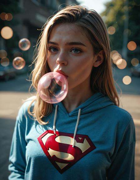 score_9, score_8_up, score_7_up, score_6_up,1girl, wearing a supergirl sweatshirt,  blowing up a heart-shaped bubble, bubblegum bubble,cinematic light, dramatic light, high budget, bokeh, cinemascope, film grain,