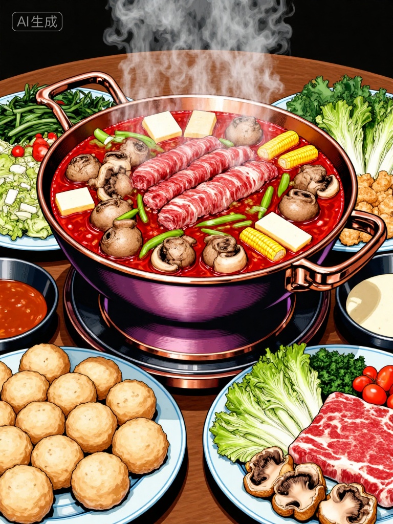 Realistic style of food illustration,Copper Pot Hot Pot Illustration), Subject: Copper pot hot pot and side dishes , Scene Details: , Copper Pot: Traditional purple copper hot pot, red broth boiling, containing mushrooms, meat balls, corn, tofu, green onion sections, chili peppers, etc. , Side Dishes: Two plates of fatty beef rolls, one plate of vegetable platter (including Chinese cabbage, wood ear mushrooms, lettuce, tomatoes, tofu puffs) , Dips: A small bowl of dipping sauce (green onions, chili flakes, braised sauce) , Style: Realistic illustration, rich colors, prominent steam effects highlighting the spicy and abundant hot pot., Negative prompt: ng_deepnegative_v1_75t,(badhandv4:1.2),EasyNegative,(worst quality:2),,nsfw, Steps: 30, Sampler: Euler, CFG scale: 7.0, Seed: 1718091426, Size: 768x1024, Model hash: 8cba4f1ef4, Model: F.1基础算法模型-哩布在线可运行_F.1-dev-fp8.safetensors, Denoising strength: 0, RNG: CPU, Lora 1: 而已, Lora Hash 1: de715ed38f, Lora Weight 1: 0.8, vae_name: automatic