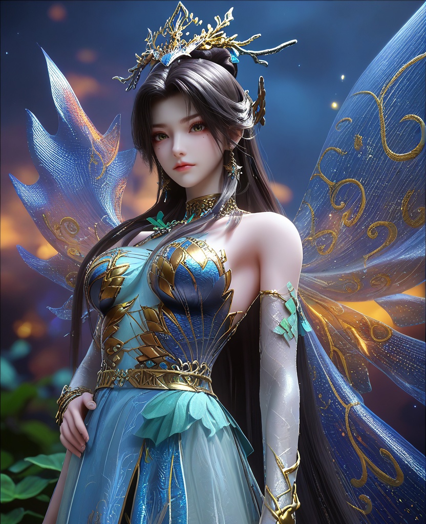 (Standing with one hand on the hip, other arm extended forward,:1.1),(large breasts:1.2),<lora:XL16云深不知梦羲和罄水珠:0.95>,miss xihe,blue corset tiered gown,mole under left eye,black hair,traditional chinese updo with long front strands,absurdly long hair,hair ornament,jewelry,elbow gloves,fairy wings,bracelet,bare shoulders,sparkle,, score_9,score_8_up,score_7_up,score_6_up,score_5_up,score_4_up,3d rendering,tag1,tag2, Cinematic Lighting,backlighting,