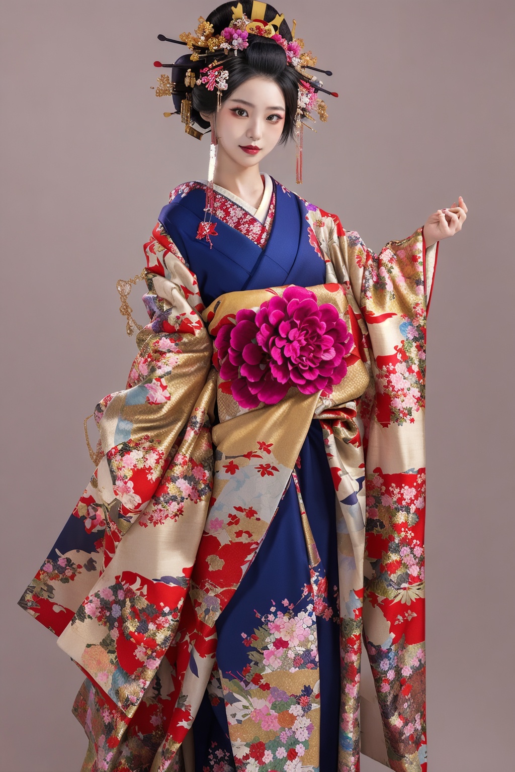 (wsoiran:1.1),1girl,oiran,headpiece,ornate,kimono,oversized clothes,facing viewer,simple background,