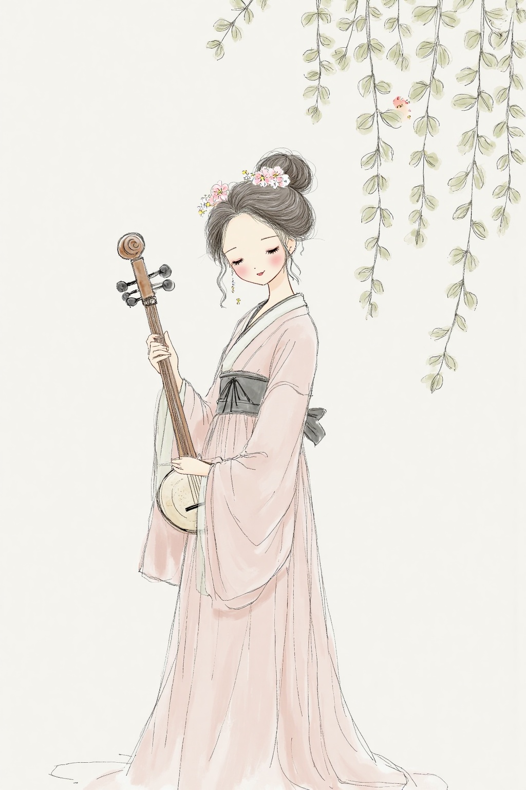 beijihui,A drawing of a woman in a kimono with a bow in her right hand. The woman is holding a string instrument in her left hand. Her hair is tied up in a bun with a few flowers on it. Her dress is a light pink color and she is wearing a black belt around her neck. Her eyes are closed and she has a smile on her face. The background is white and there are leaves on the right side of the image.