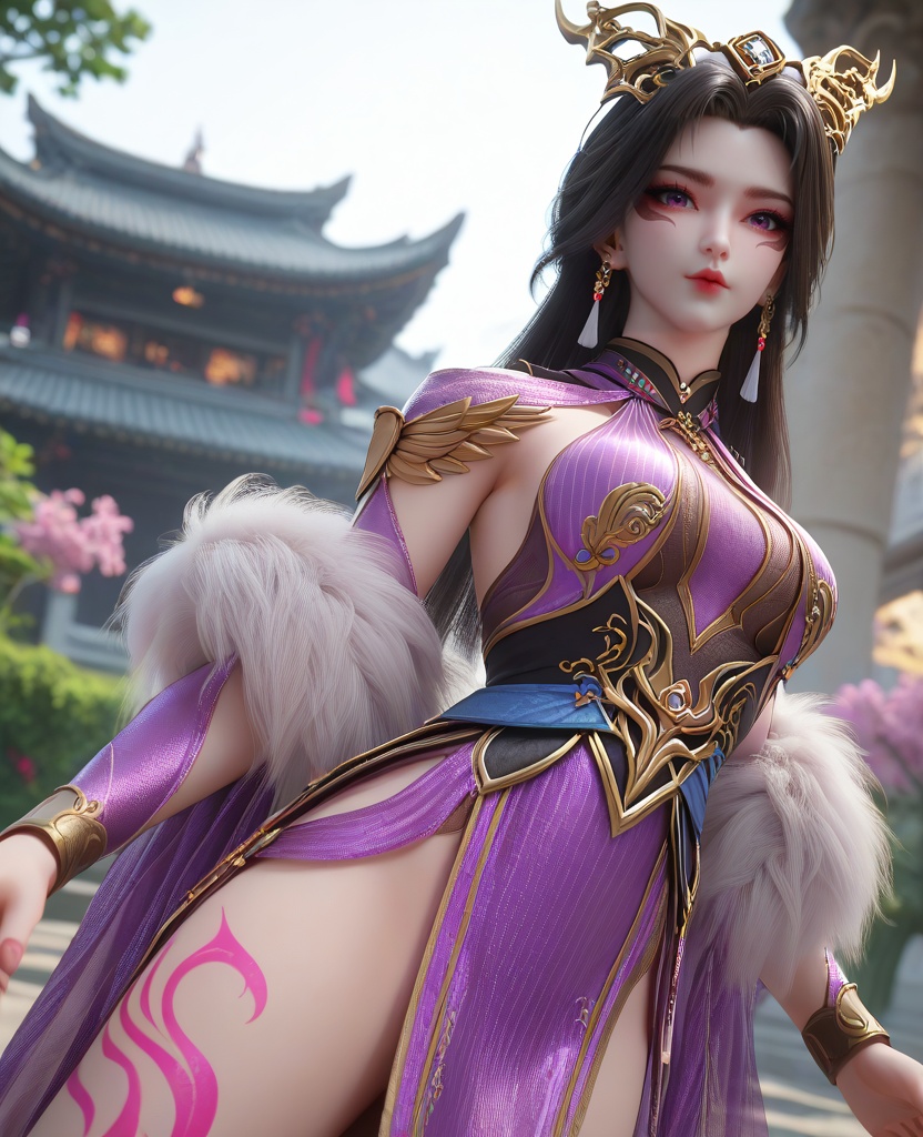 (oriental architecture, elegant decor, sophisticated style:1.1),(Posing with arms folded across the chest, looking serious,:1.1),(breasts:1.2),<lora:XL16百炼成神司妙玲:0.95>,miss simiaoling,purple dress,purple eyes,lips,eyeshadow,facial mark,black hair,long hair,hair ornament,earrings,jewelry,fur shawl,sash,black underskirt,leg tattoo,, zPDXL2, score_9, score_8_up, score_7_up BREAK realistic, masterpiece,best quality, highly detailed,, zPDXL3, zPDXL2,zPDXL, zPDXLxxx, zPDXLrl,
