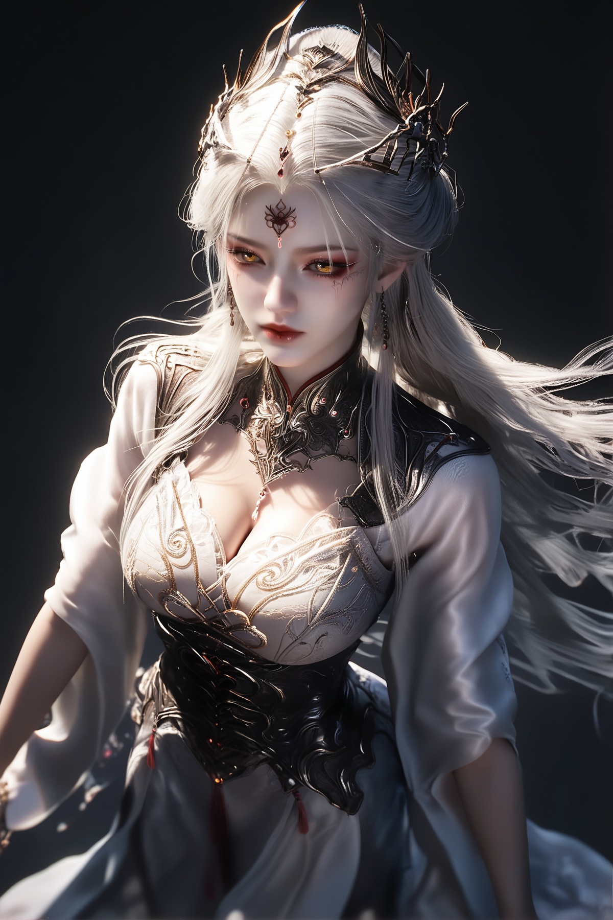 score_9,score_8_up,score_7_up,<lora:wy_aishen_xs_XL7.0:0.7>,1girl,long hair,white hair,yellow eyes,cleavage,big breasts,hair_ornament,dress,white dress,wetting,simple background,realistic,photorealistic BREAK high detailed skin,(detailed skin:1.1),Skindentation,skin depression,highly detailed,ultra-high resolution,32K UHD,sharp focus,best-quality,masterpiece,unconventional supreme masterpiece,masterful details,with a high-end texture,Dynamic Angle,(Dynamic posture:1.1),<lora:lowlight_r2:0.2>,<lora:绪儿古风XUER gufeng:0.6>,XUER gufeng,<lora:zy_Realism_Enhancer_v2:0.2>,<lora:皮肤凹痕:0.2>,<lora:Add_more_details_V2_XLpony:1>,full_details,<lora:DarkerThanDarkV0.8:0.2>,dark,