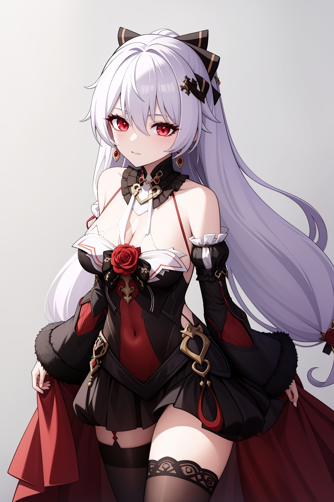 <lora:大月下:1>,theresa apocalypse \\\(luna kindred\\\),red eyes,long hair,dress,bangs,bare shoulders,hair ornament,white hair,rose,cleavage,flower,black dress,earrings,hair between eyes,jewelry,detached sleeves,thighhighs,, 1girl,,  (masterpiece,best quality:1.2),absurdres