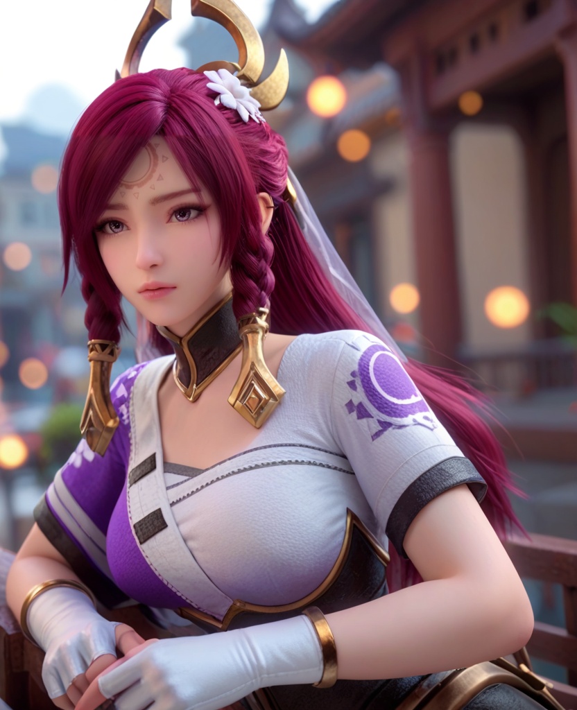 (oriental architecture, elegant decor, sophisticated style:1.1),(Resting on a bench in a busy city, looking tired but content after a long day of exploring,:1.1),(large breasts:1.2),<lora:XL王者荣耀伽罗:0.95>,miss jialuo,purple right side robe layered on top of white sarashi,red hair,ponytail,twin braids,hair ornament,hair tubes,detached collar,armored dress,forehead mark,bangs,purple eyes,hair flower,white thighhighs,(veil:1.1),, score_9,score_8_up,score_7_up,score_6_up,score_5_up,score_4_up,3d rendering,tag1,tag2, Cinematic Lighting,backlighting,, zPDXL3, zPDXL2,zPDXL, zPDXLxxx, zPDXLrl,