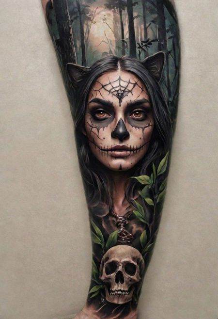 (Complete),  Color Desing Tattoo of a realistic Catrina in Dark Forest on Tensor.Art