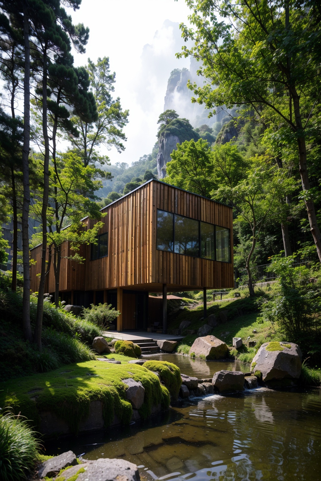 masterpiece,best quality,taixian,scenery,no humans,tree,wood house,outdoors,(fog:0.5),nature,water,moss,rock,forest, rain,(light rays:0.5)
