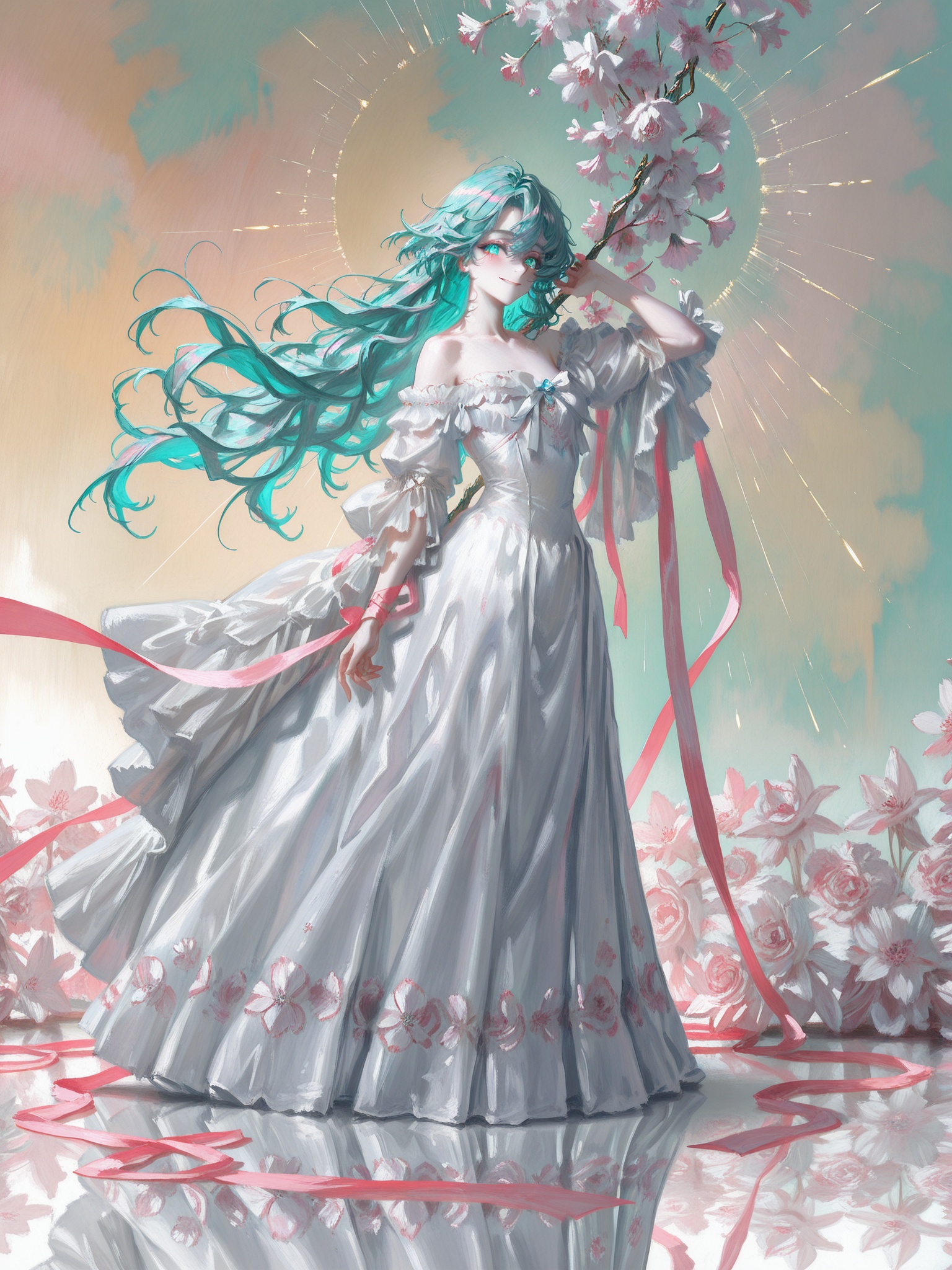 art_Sargent,artist_57mod,newest,year 2024,year 2023,best quality,masterpiece,masterpiece,amazing quality,Digital art,illustration,painting,(artist:quasarcake:0.8),(wlop:0.6),(honjou raita:0.5),masterpiece,best quality,good quality,very aesthetic,extreme aesthetic,absurdres,Visual impact,ultra-high resolution,32K UHD,sharp focus,best-quality,masterpiece,Emotionalization,masterpiece,masterful details,1girl,line art,fantasy,long hair,illustration,turquoise hair,ethereal,white dress,flowing hair,vibrant colors,pastel colors,sheer fabric,ribbon,dynamic composition,abstract background,large eyes,floral elements,light effects,whimsical,reflection,artistic,subtle smile,youthful appearance,bare shoulders,detailed artwork,glowing elements,side pose,looking over shoulder,energy lines,standing on reflective surface,