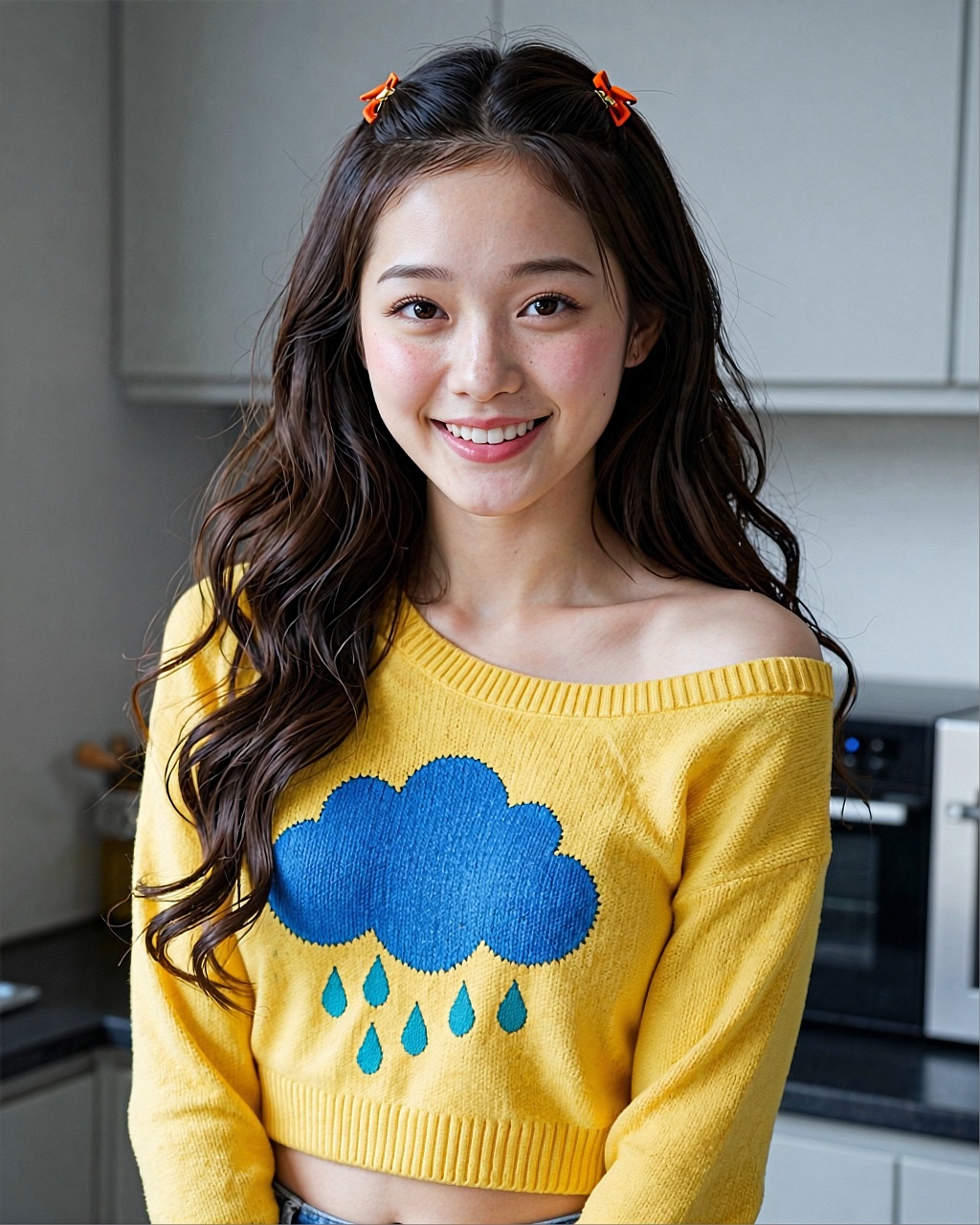 A radiant East Asian woman with luminous porcelain skin and delicate facial structure stands center-frame against a minima...