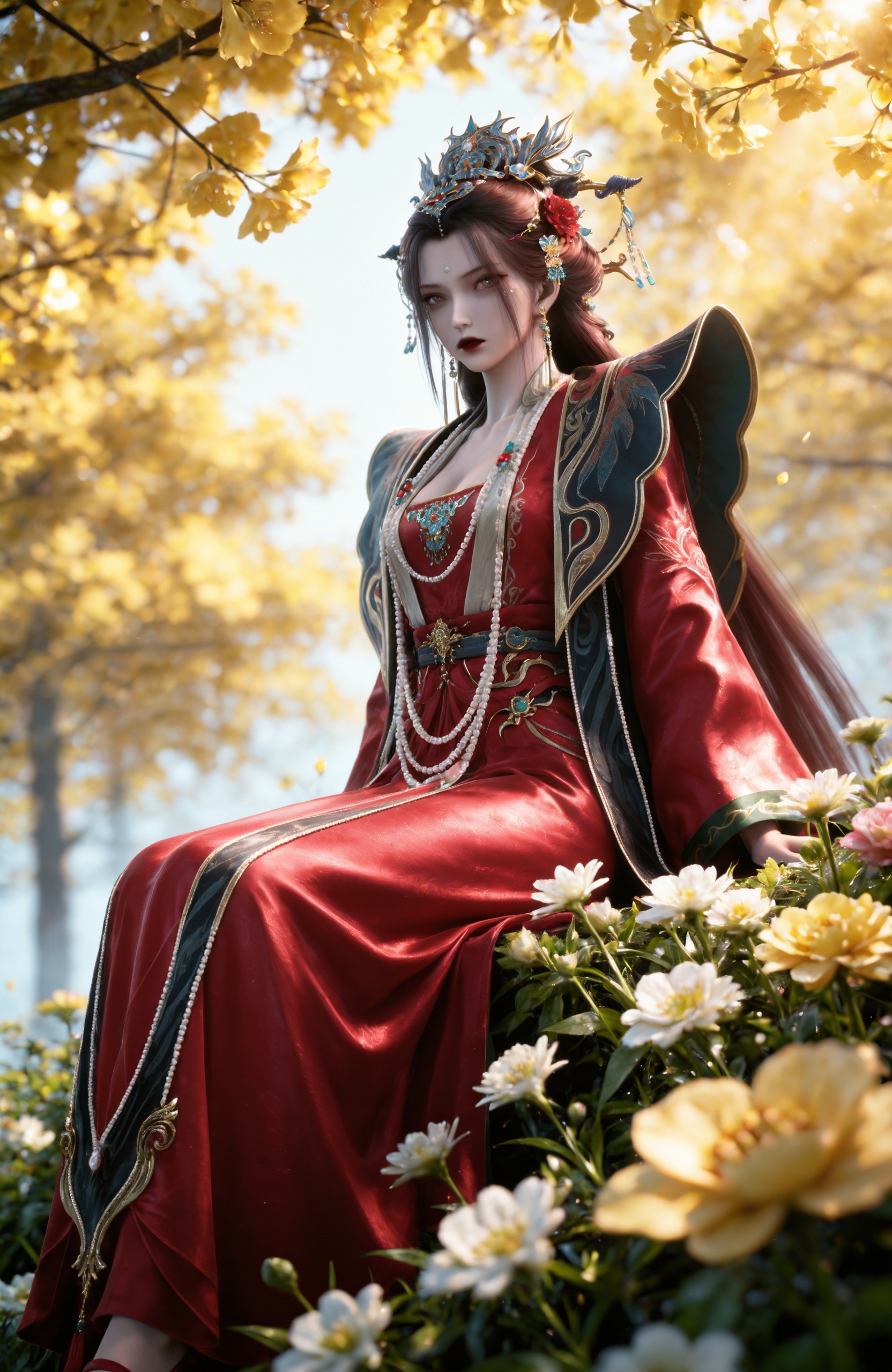 <lora:剑来-楚夫人IL:0.7> 1girl, long hair, hair ornament, brown eyes, beads, red lips, jewelry, necklace, earrings, brown hair, chinese clothes, red dress, long sleeves,red footwear,, realistic style photo,outstanding style,Use soft lighting to cast gentle shadows on the subject,adding a touch of dimension to your images without compromising details,whirls of vapor,(Anime:1.1),soft neon light,ethereal ambiance,delicate details,magical atmosphere,concept art,highly detailed,ultra-high resolution,32K UHD,sharp focus,best-quality,masterpiece,golden hour,unconventional supreme masterpiece,masterful details,temperate atmosphere,with a high-end texture,in the style of fashion photography,magazine style,Dynamic Angle,Dynamic posture,magazine style,Dynamic Angle,Dynamic posture,(cowboy_shot:1.2),eye trail,depth of field,cinematic lighting,lens flare,close-up,extreme aesthetic,(wlop:0.6),(honjou raita,lack,rella,wanke:0.5),masterpiece,best quality,good quality,newest,year 2025,very aesthetic,absurdres,Visual impact,A shot with tension,ultra-high resolution,32K UHD,sharp focus,best-quality,masterpiece,Emotionalization,unconventional supreme masterpiece,masterful details,temperate atmosphere,with a high-end texture,in the style of fashion photography,(Visual impact:1.2),giving the poster a dynamic and visually striking appearance,, 1girl, flower, sitting, solo, blurry, yellow flower, blurry background, outdoors, sunlight, looking at viewer, nature, depth of field, arms at sides, leaf, tree, light rays, plant, feet out of frame, day,
